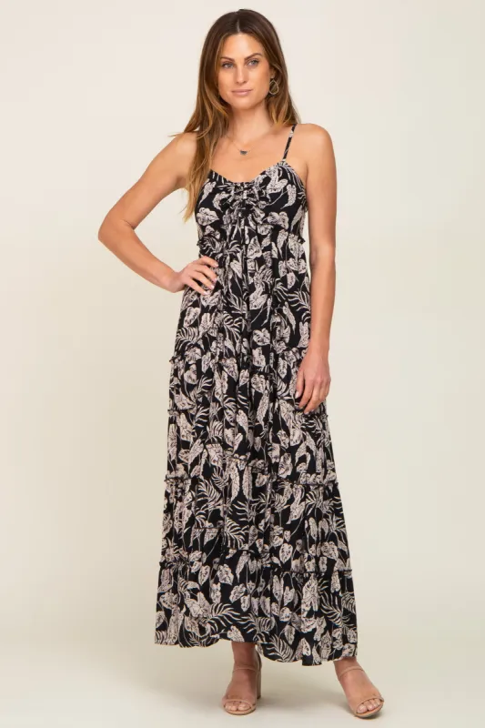 Black Palm Print Drawstring Front Tiered Maxi Dress sold by Pinkblush