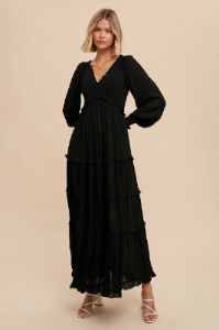 Black Smocked Ruffle Tiered Maxi Dress sold by Pinkblush