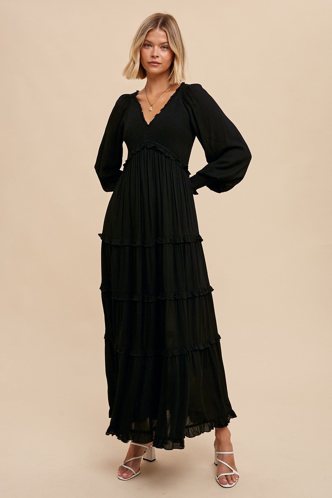 Black Smocked Ruffle Tiered Maxi Dress sold by Pinkblush product image thumbnail 2