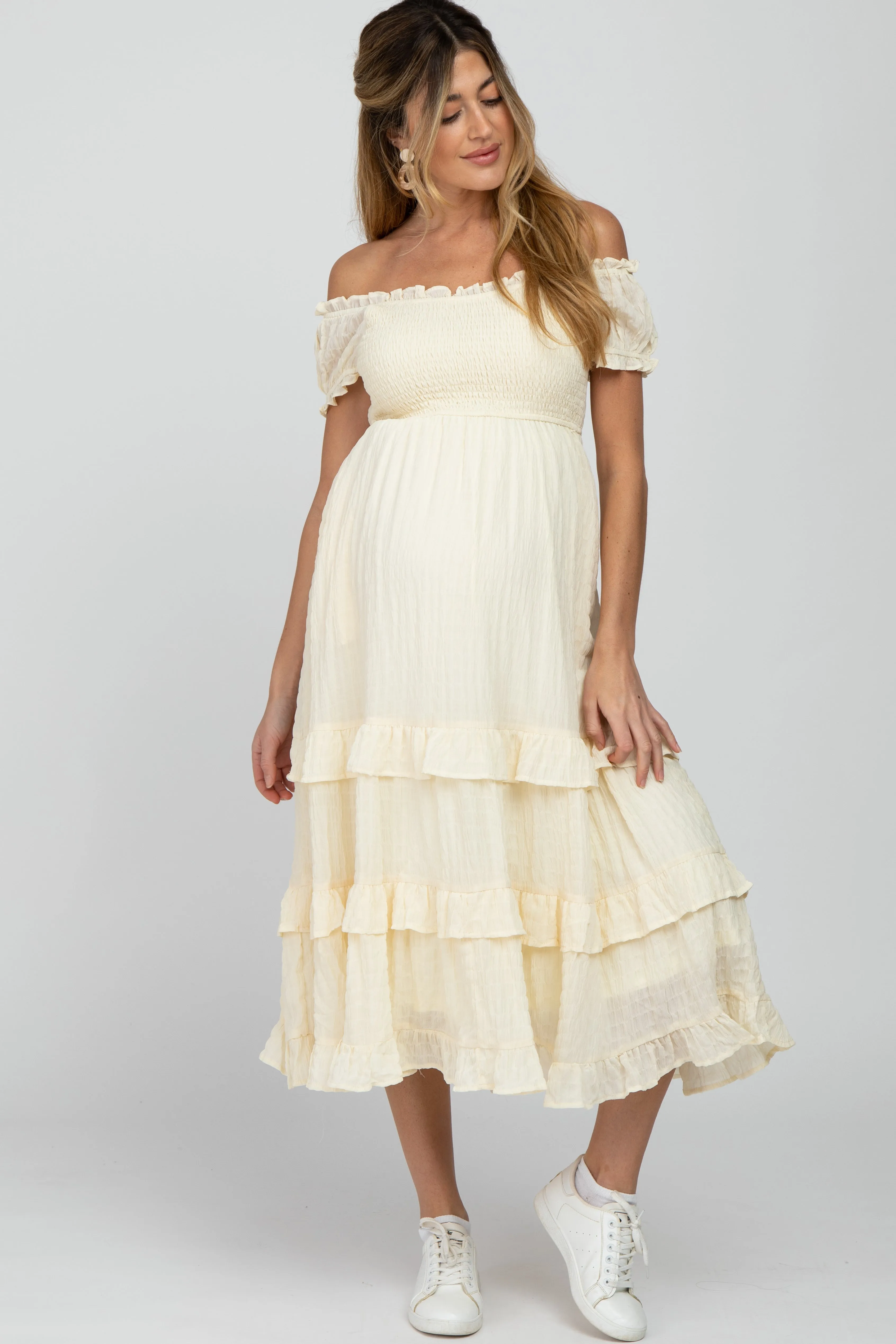 Ivory Smocked Ruffle Maternity Midi Dress sold by Pinkblush
