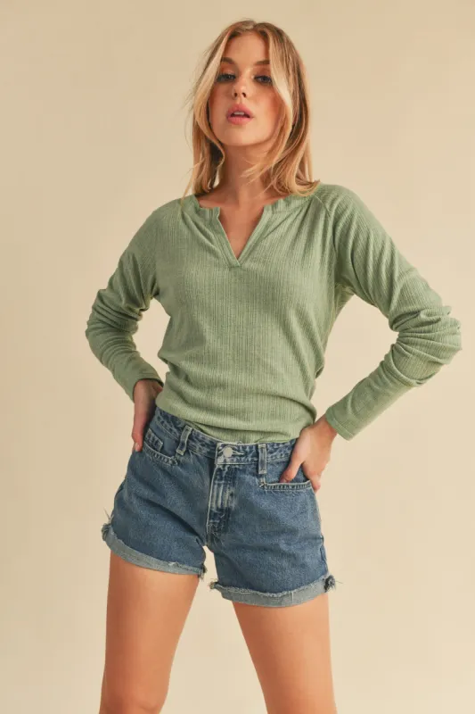 Mint Long Sleeve V-Neck Top sold by Pinkblush