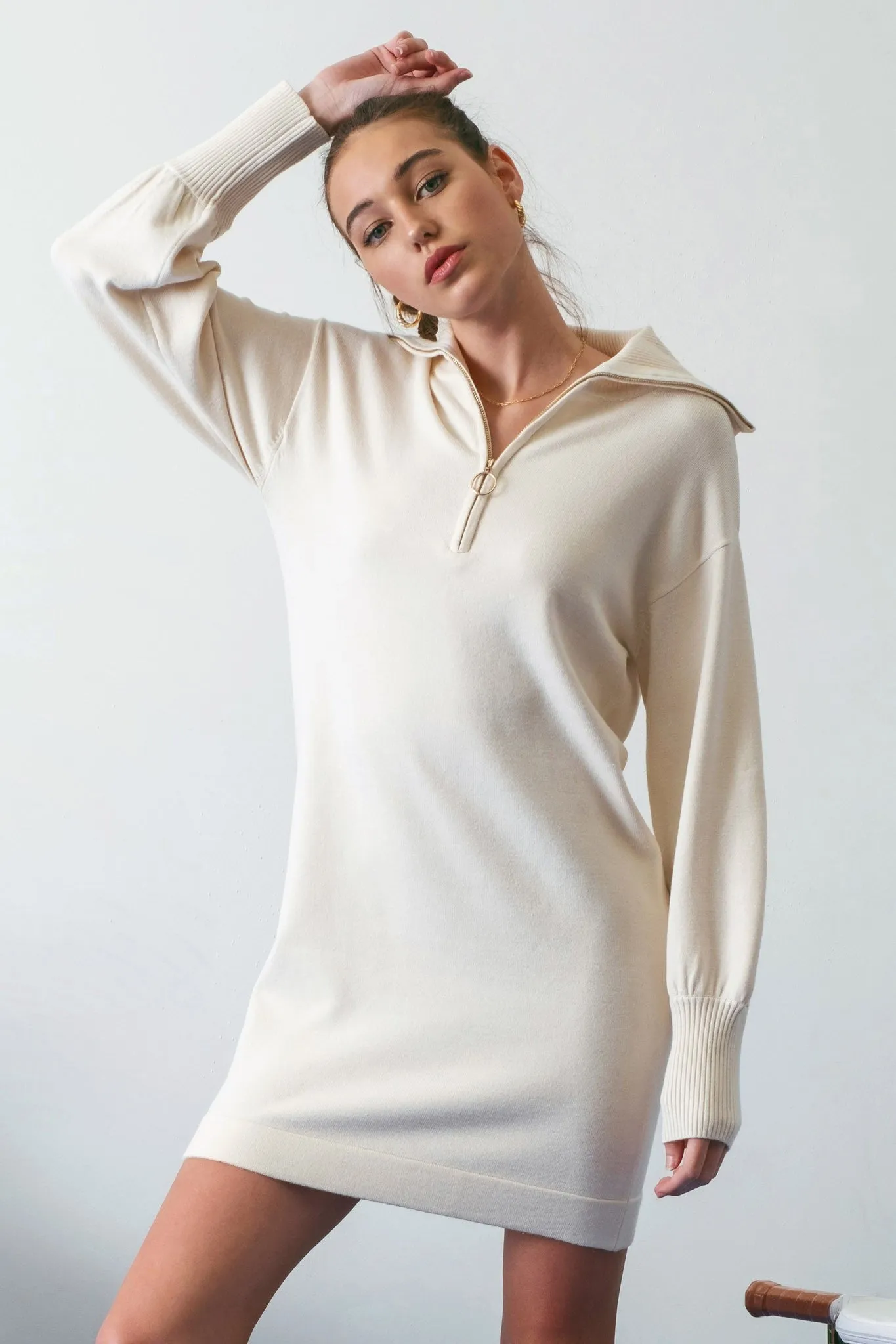 Beige Knit Half Zip Mini Dress sold by Pinkblush
