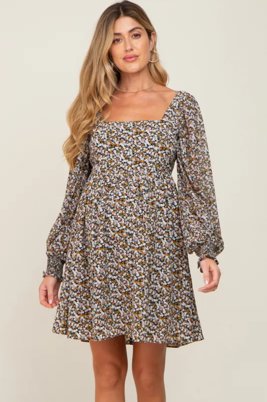 Black Floral Chiffon Balloon Sleeve Maternity Dress sold by Pinkblush