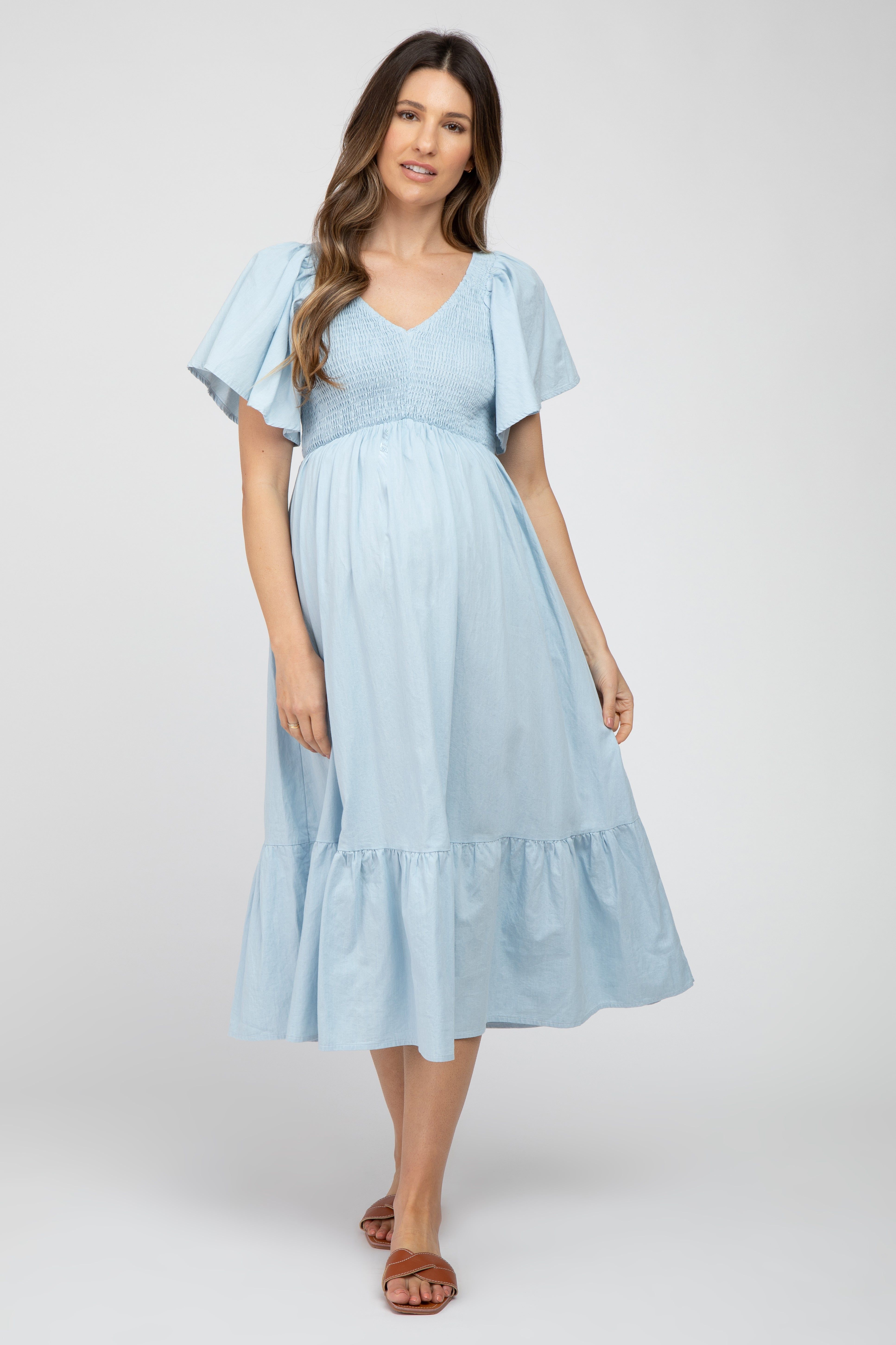 Light Blue Smocked Ruffle Hem Maternity Midi Dress sold by Pinkblush
