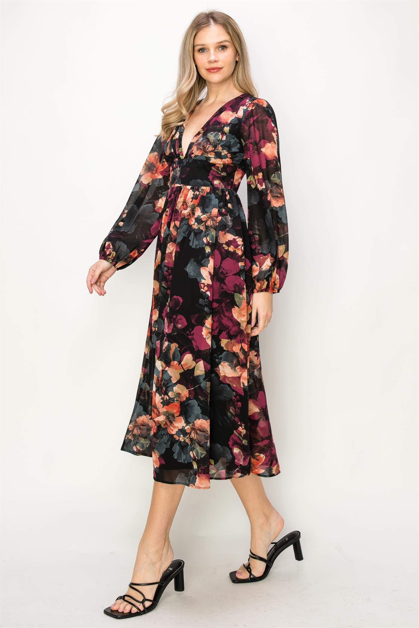 Burgundy Chiffon Floral Long Sleeve V-Neck Maxi Dress sold by Pinkblush product image thumbnail 2