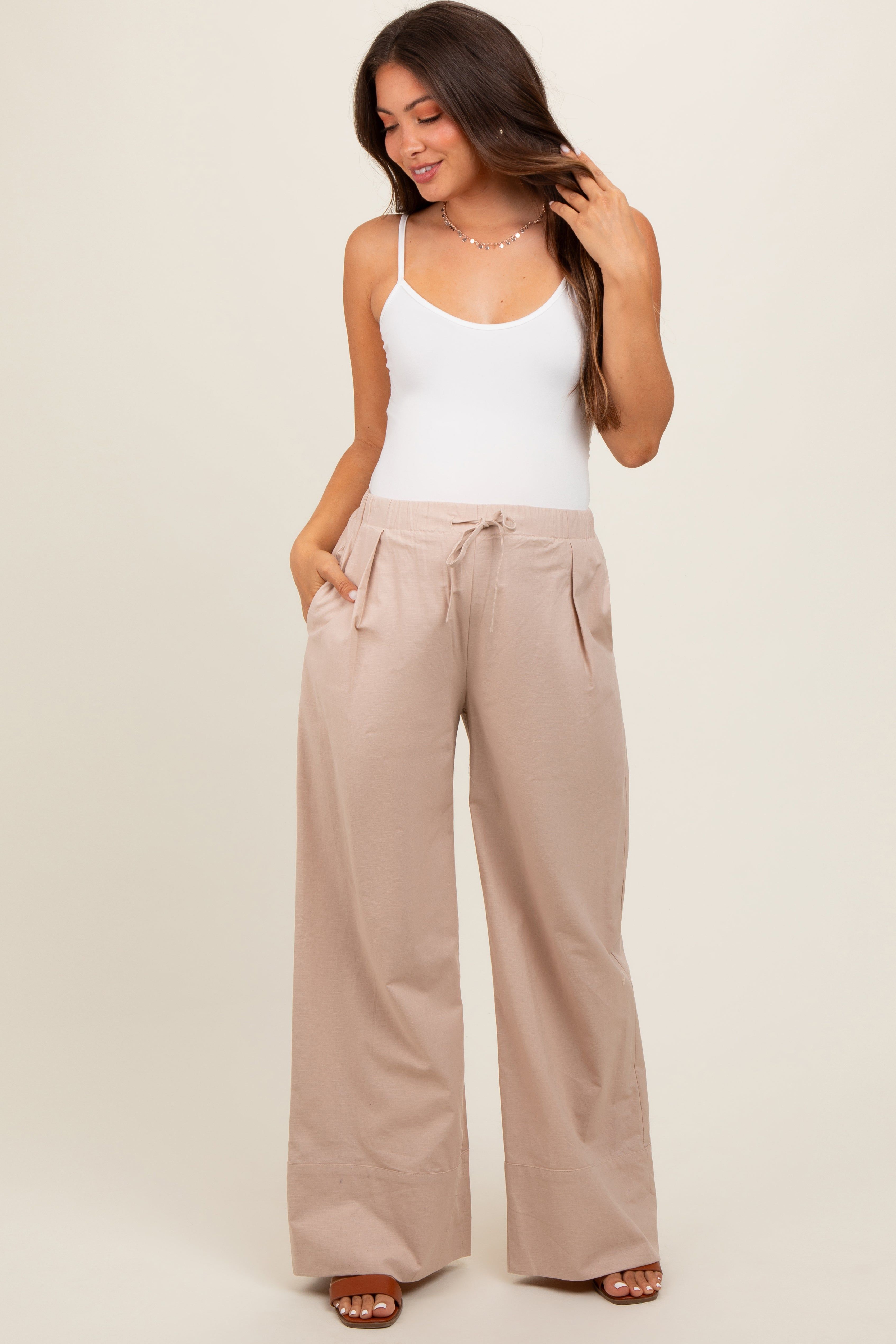 Beige Pleated Drawstring Waist Maternity Pants sold by Pinkblush product image thumbnail 2