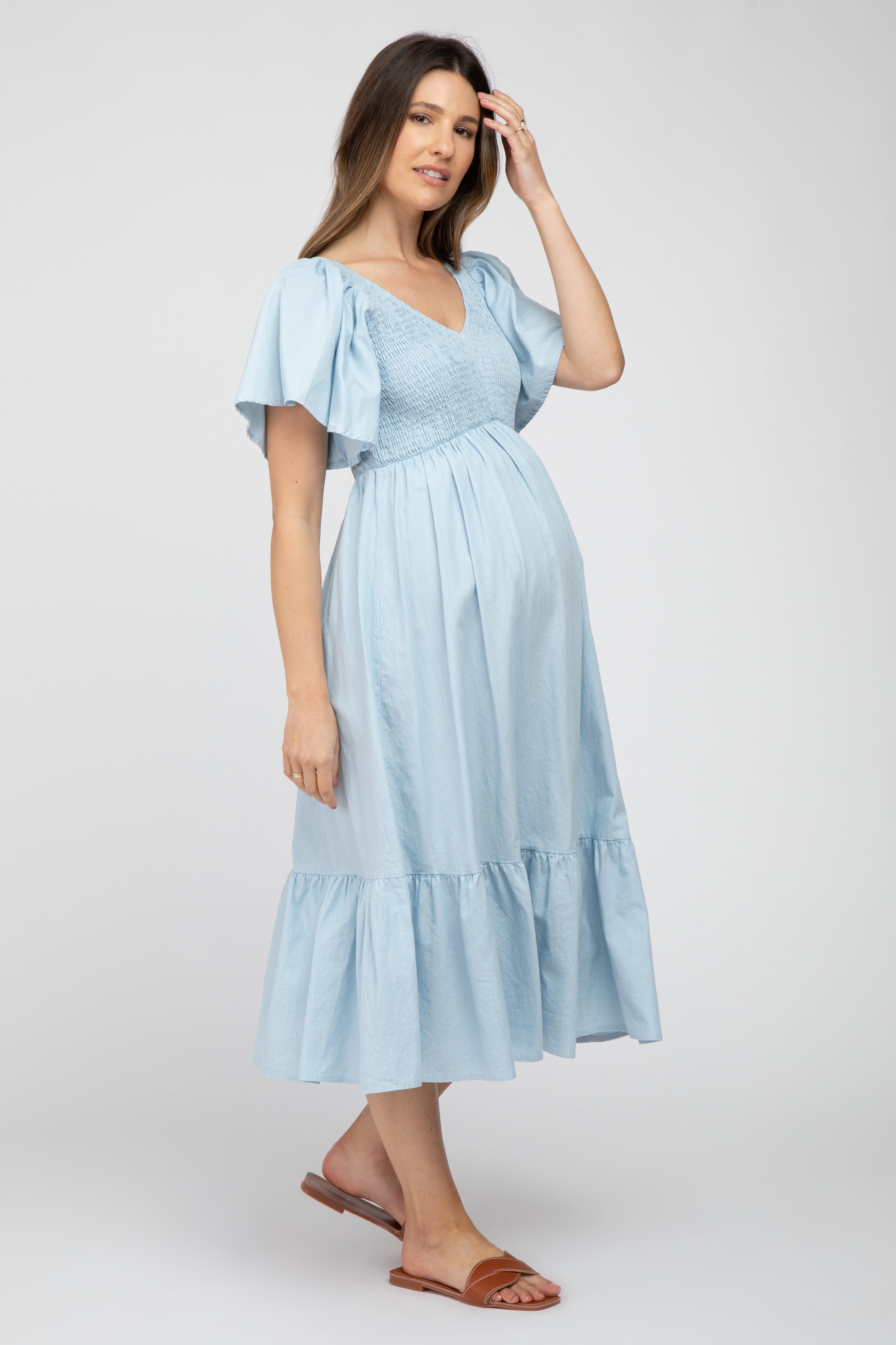 Light Blue Smocked Ruffle Hem Maternity Midi Dress sold by Pinkblush product image thumbnail 2