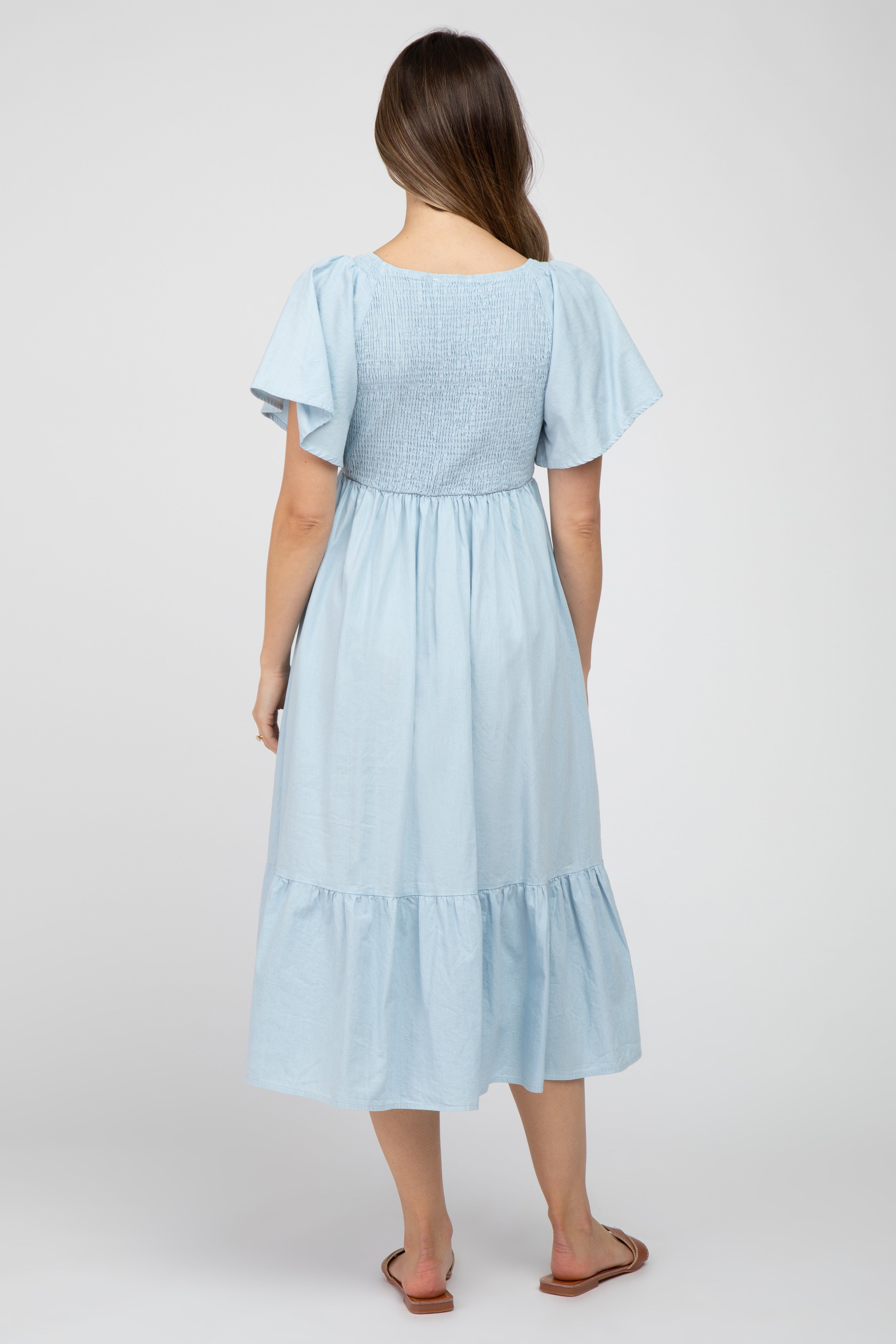 Light Blue Smocked Ruffle Hem Maternity Midi Dress sold by Pinkblush product image thumbnail 3