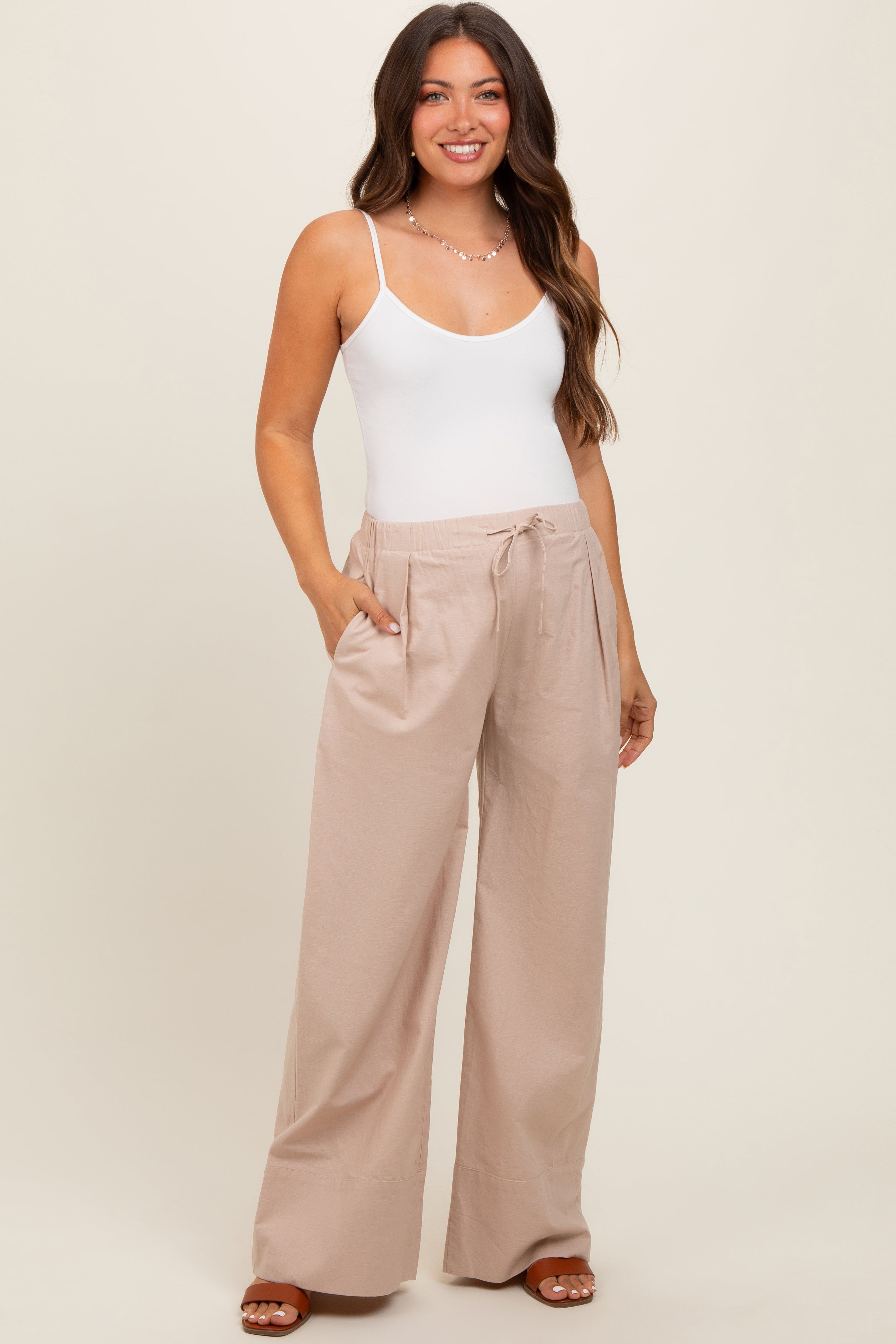 Beige Pleated Drawstring Waist Maternity Pants sold by Pinkblush