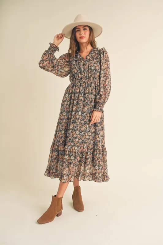 Black Multi Floral Ruffled Midi Dress sold by Pinkblush