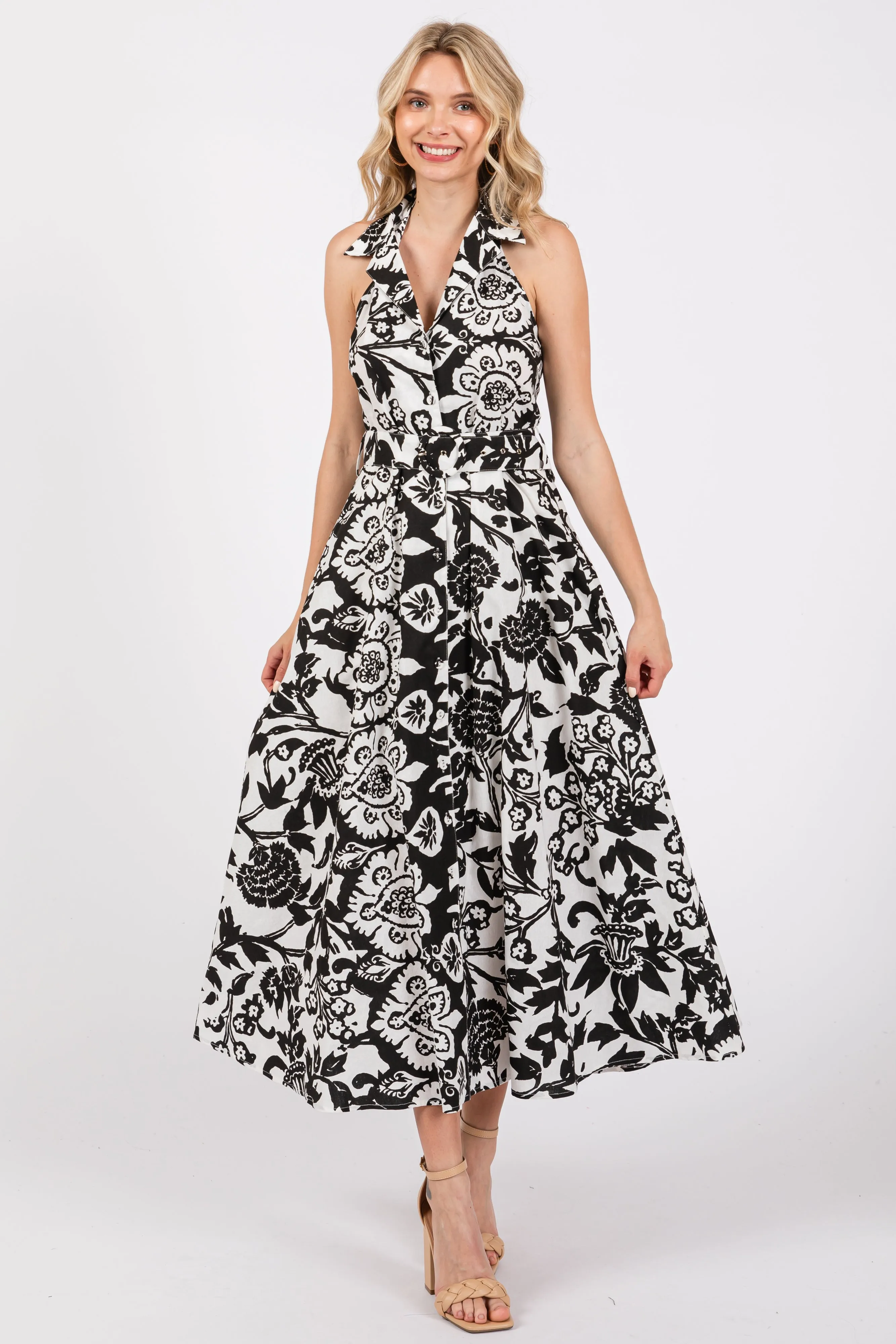 Black Floral Sleeveless Halter Maternity Midi Dress sold by Pinkblush product image thumbnail 4