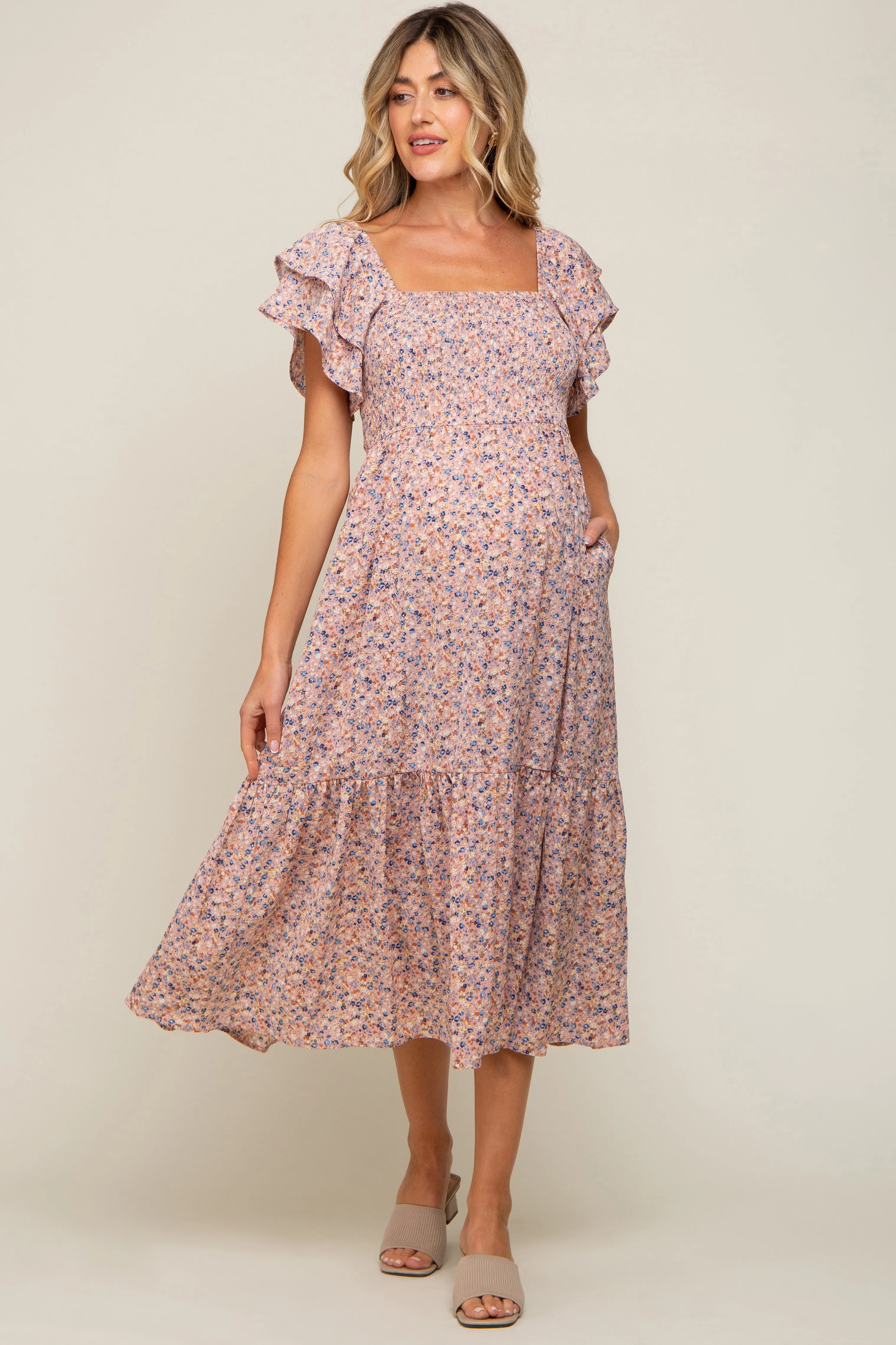 Light Pink Floral Flutter Maternity Midi Dress sold by Pinkblush