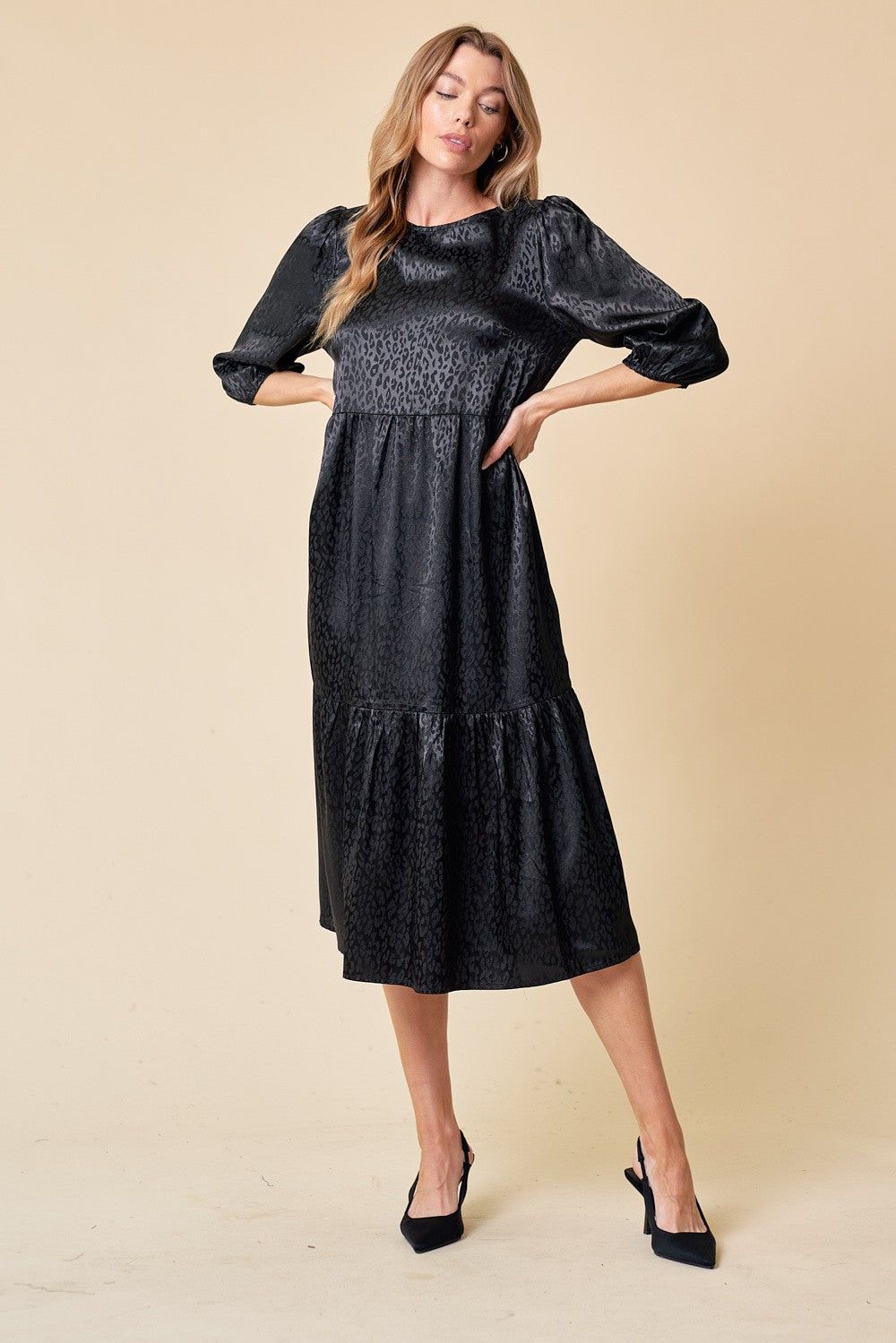 Black 3/4 Sleeve Tiered Midi Dress sold by Pinkblush