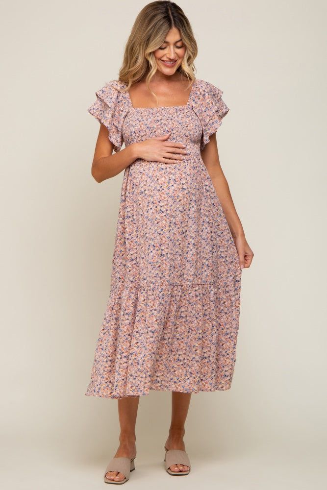 Light Pink Floral Flutter Maternity Midi Dress sold by Pinkblush product image thumbnail 4