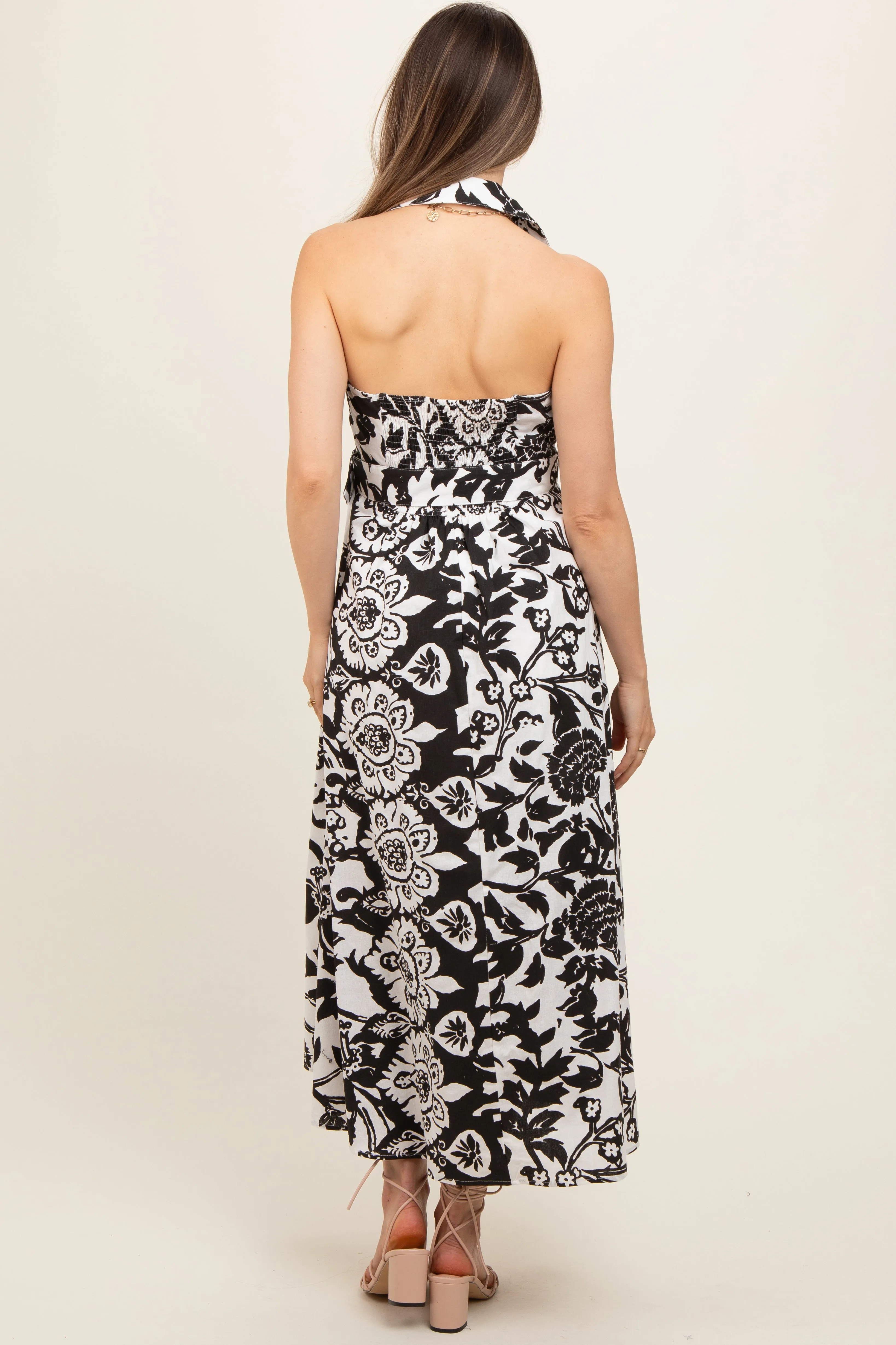Black Floral Sleeveless Halter Maternity Midi Dress sold by Pinkblush product image thumbnail 3