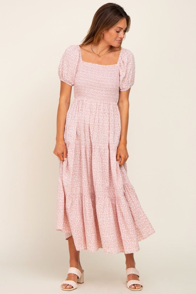Light Pink Floral Smocked Square Neck Midi Dress sold by Pinkblush product image thumbnail 4