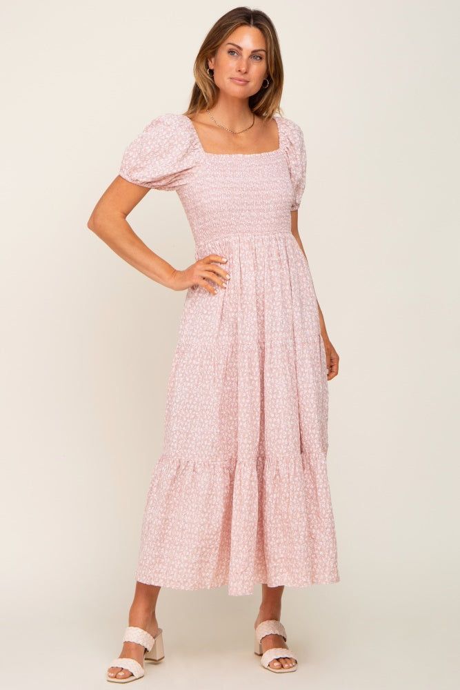 Light Pink Floral Smocked Square Neck Midi Dress sold by Pinkblush