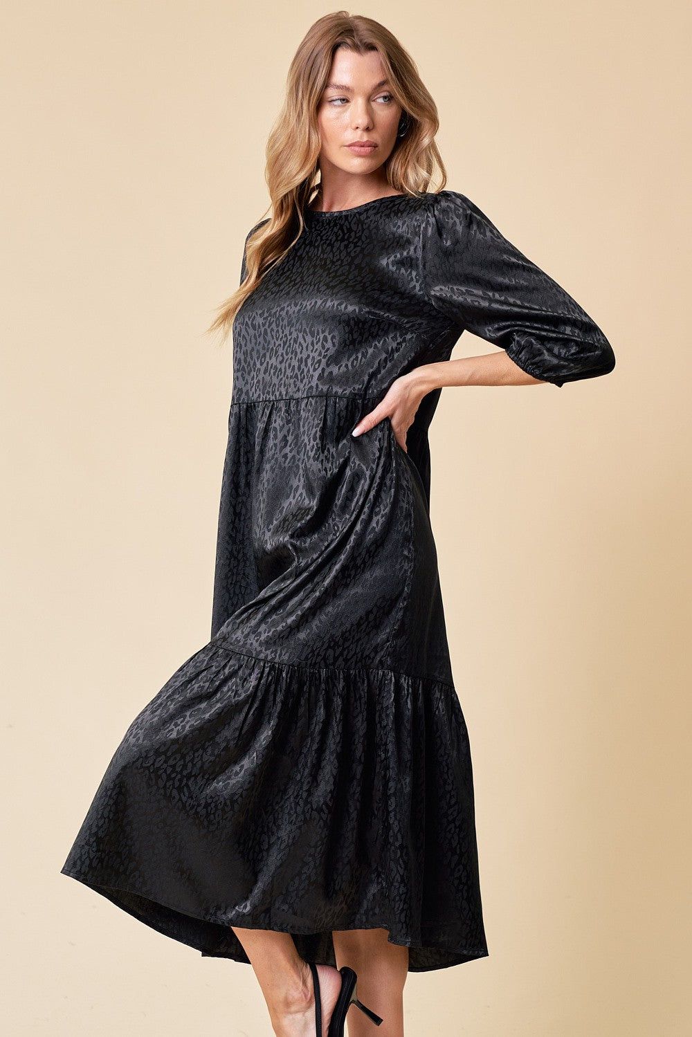 Black 3/4 Sleeve Tiered Midi Dress sold by Pinkblush product image thumbnail 2