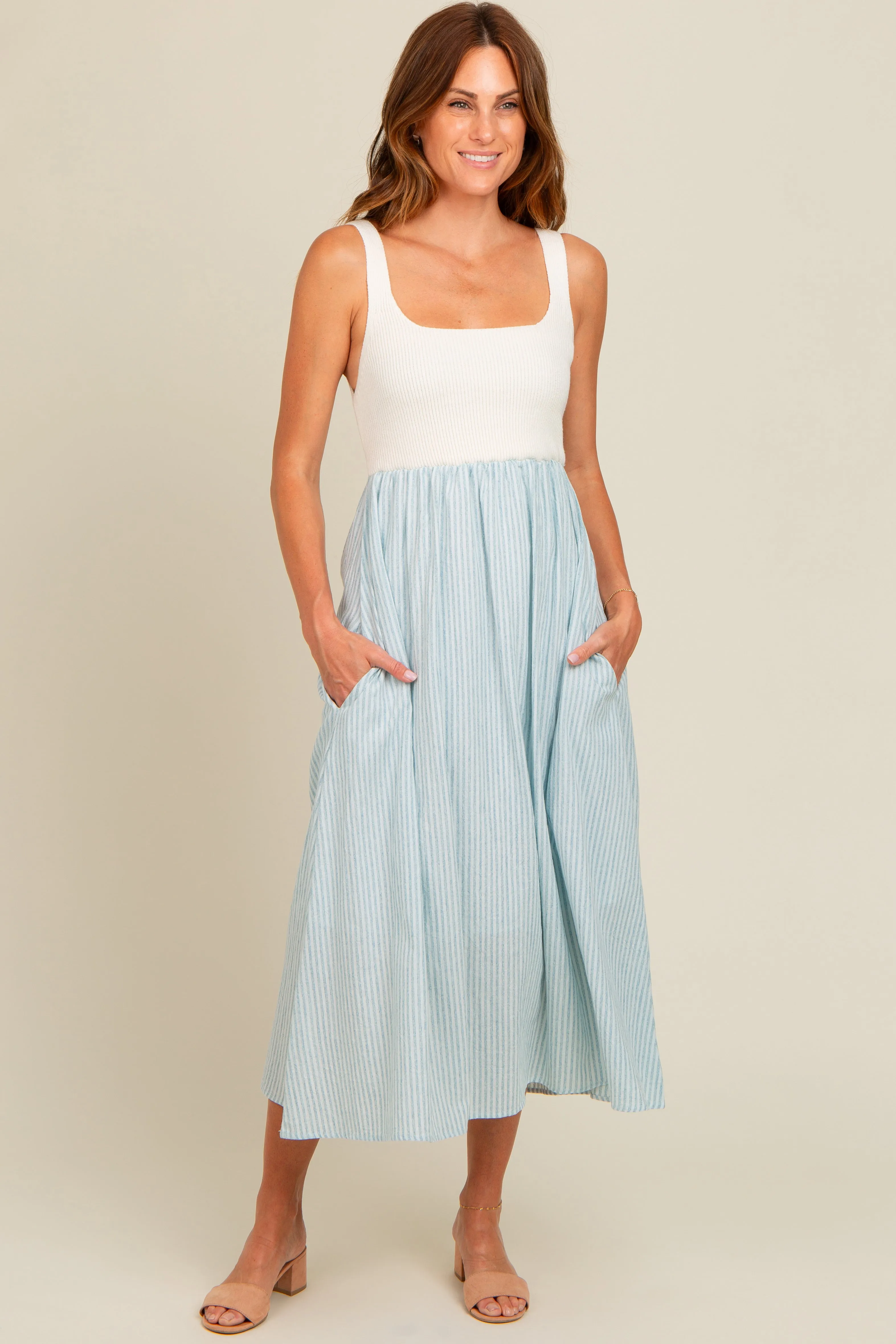 Light Blue Striped Knit Contrast Midi Dress sold by Pinkblush product image thumbnail 2