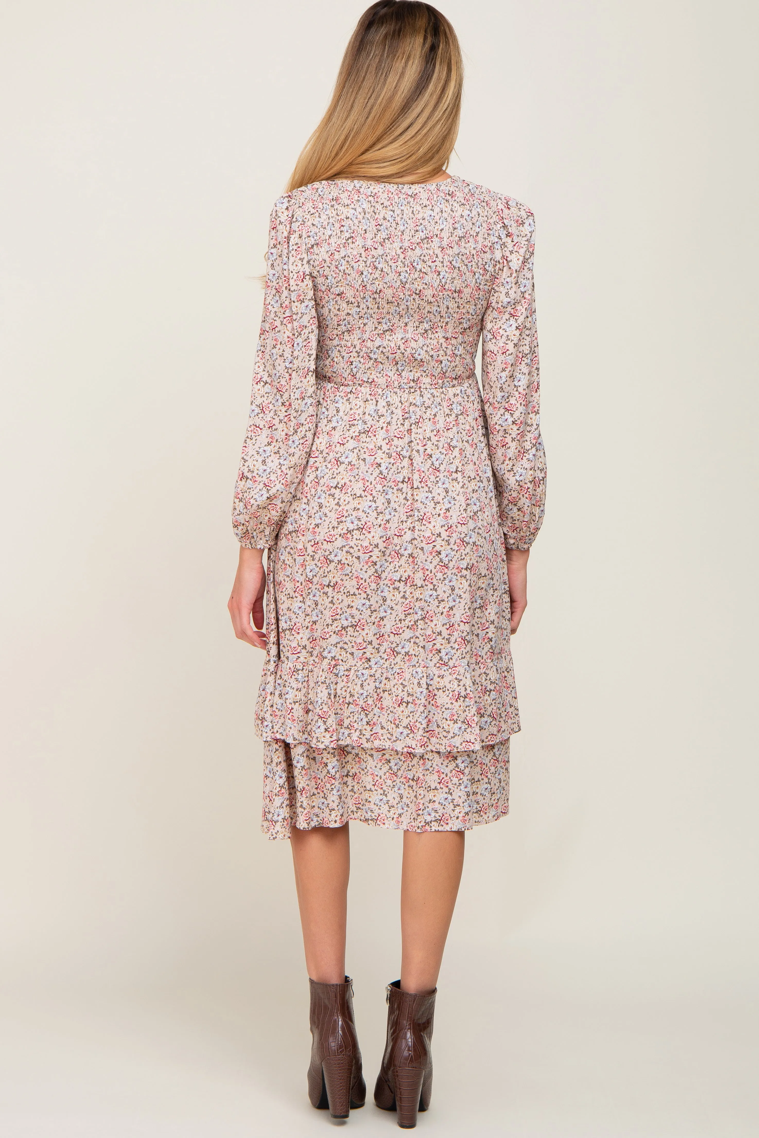 Pink Floral Smocked Long Sleeve Maternity Midi Dress sold by Pinkblush product image thumbnail 3