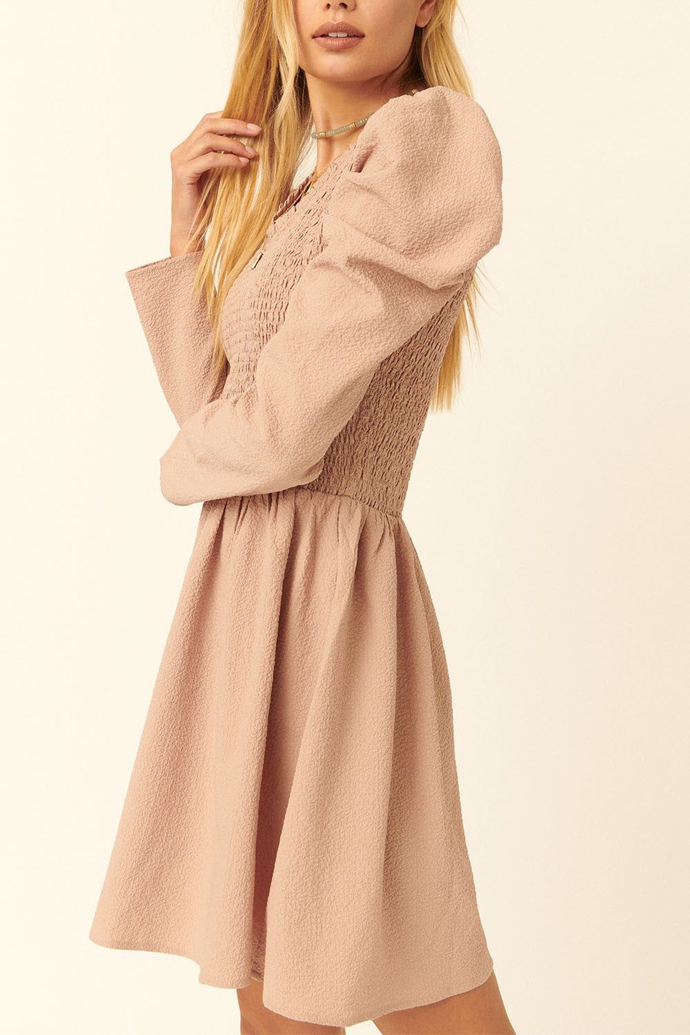 Sandstone Solid Woven Smocked Mini Dress sold by Pinkblush product image thumbnail 2