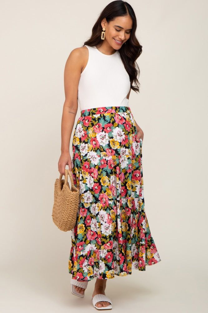 Black Floral Tiered Maternity Maxi Skirt sold by Pinkblush