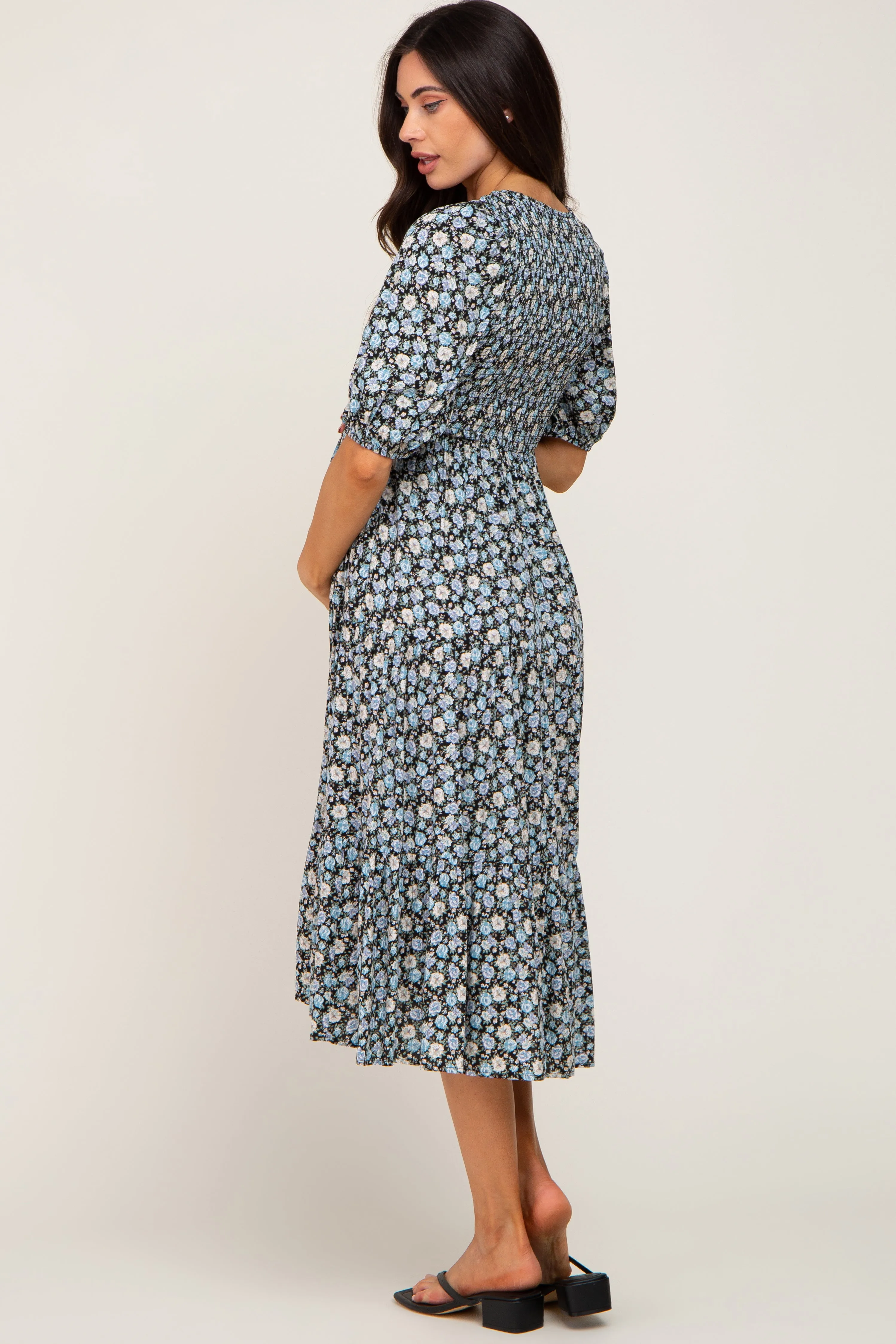 Black Floral Smocked Tiered Maternity Midi Dress sold by Pinkblush product image thumbnail 3