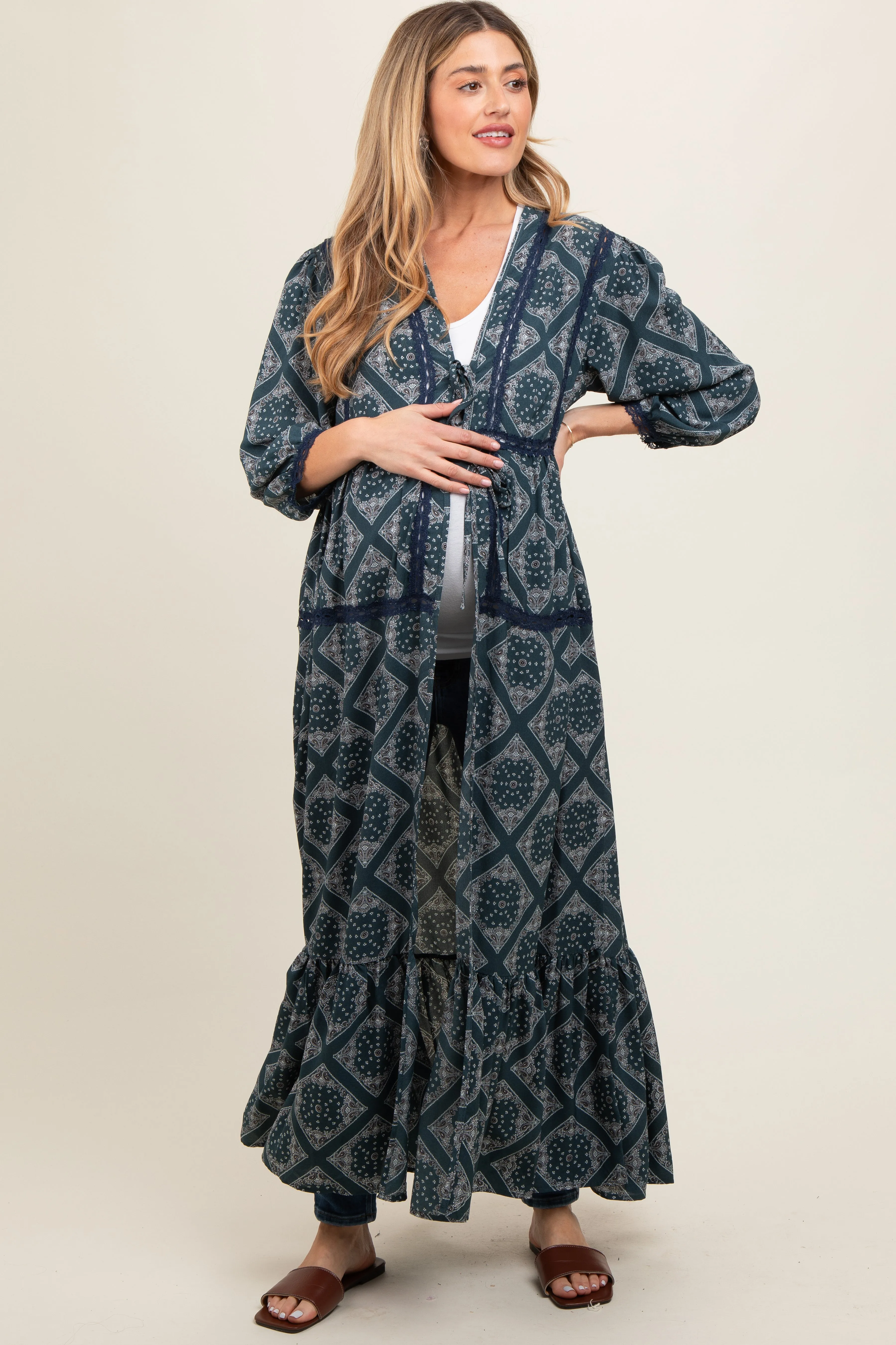 Teal Printed Tie Front Kimono Maternity Dress sold by Pinkblush