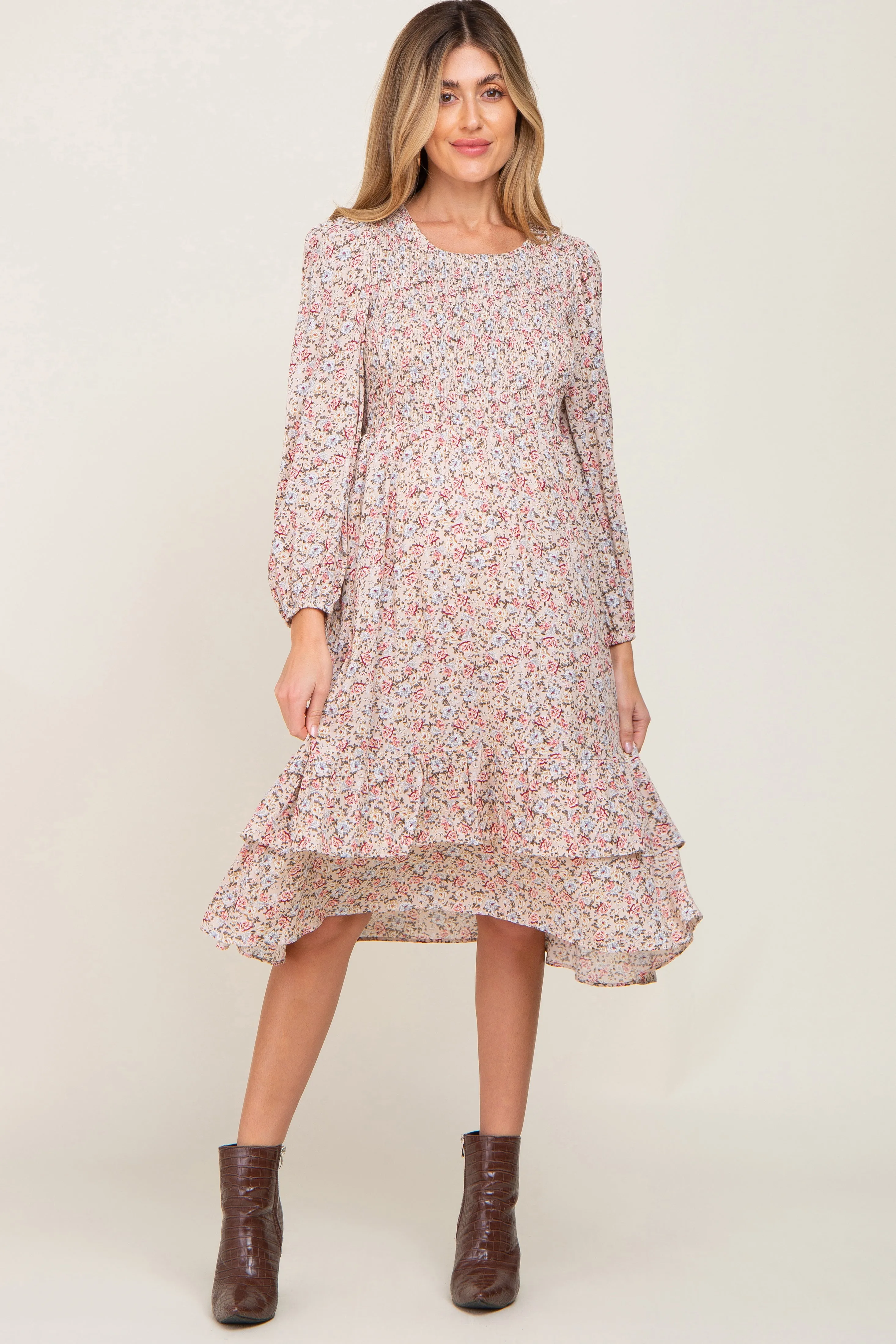 Pink Floral Smocked Long Sleeve Maternity Midi Dress sold by Pinkblush