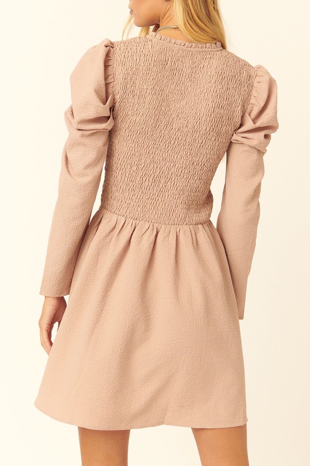 Sandstone Solid Woven Smocked Mini Dress sold by Pinkblush product image thumbnail 3