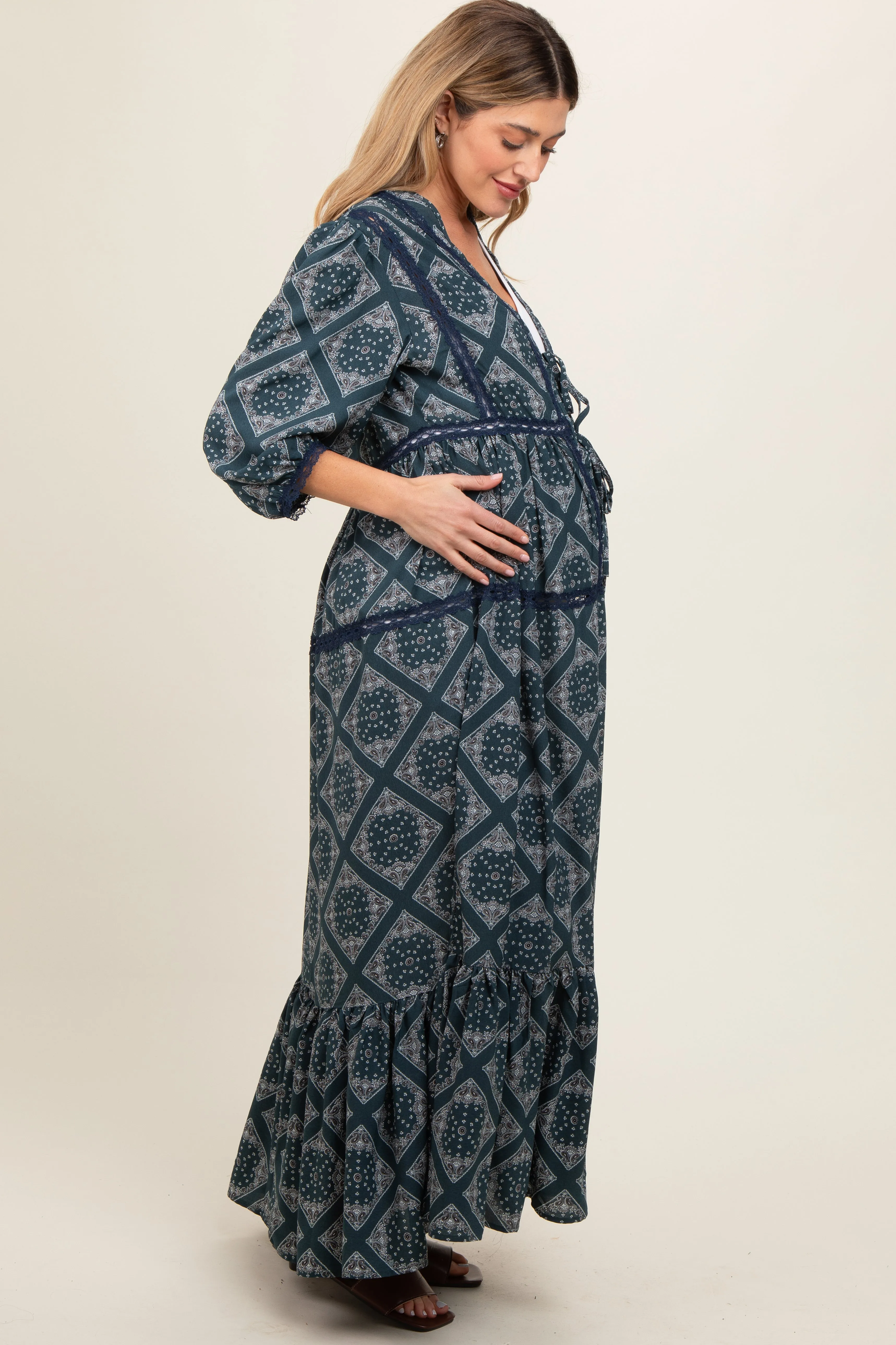 Teal Printed Tie Front Kimono Maternity Dress sold by Pinkblush product image thumbnail 2