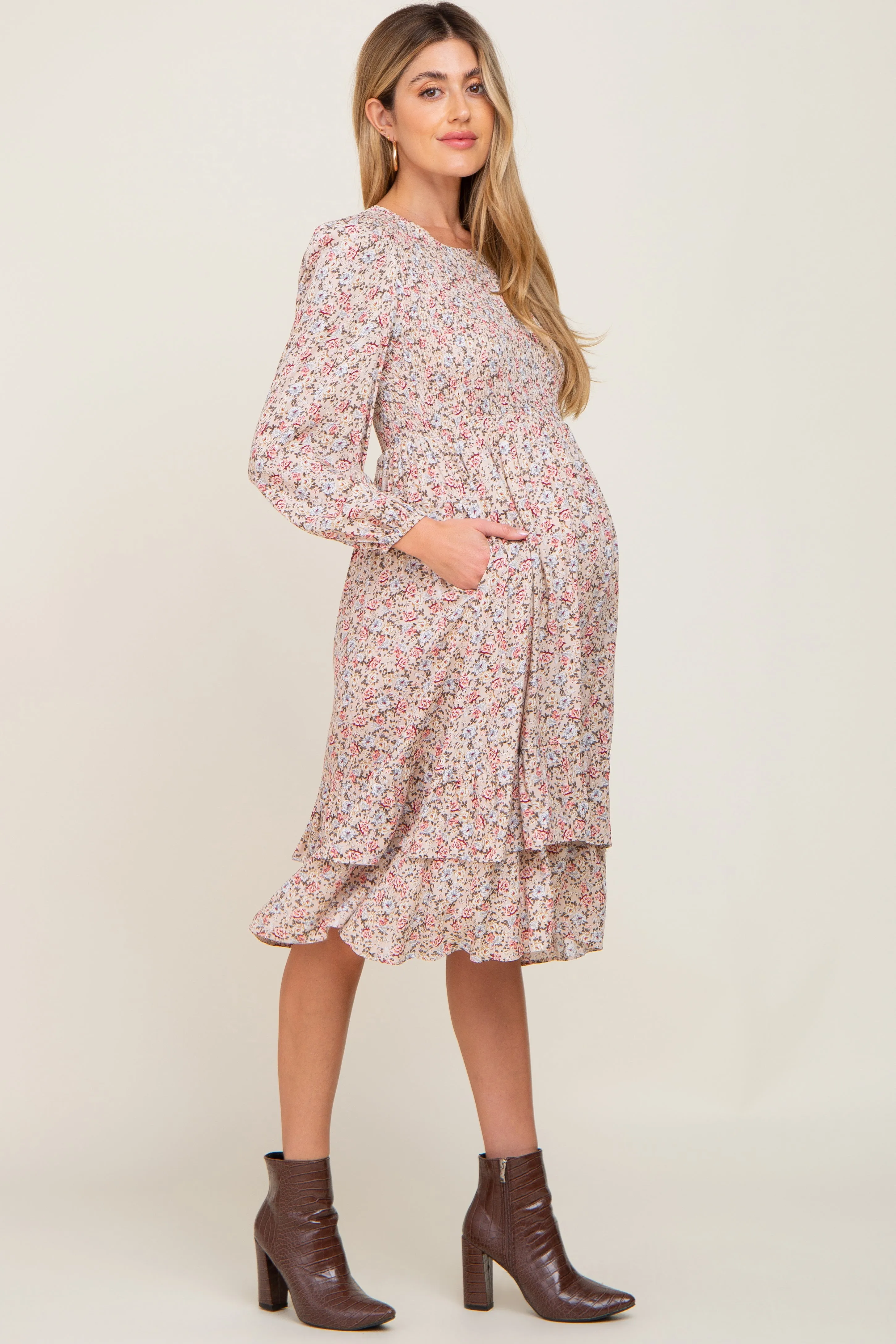 Pink Floral Smocked Long Sleeve Maternity Midi Dress sold by Pinkblush product image thumbnail 2