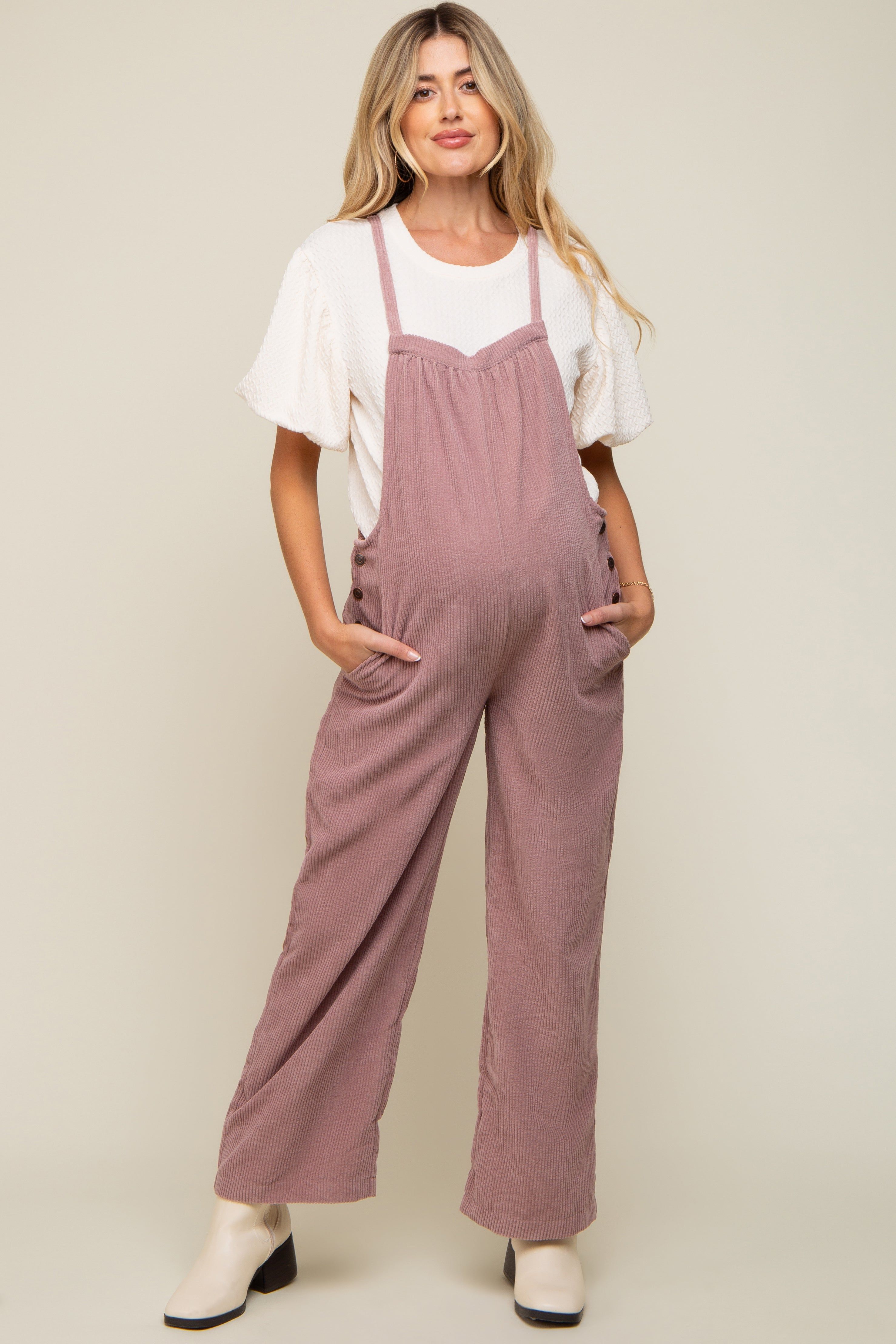 Mauve Corduroy Wide Leg Maternity Overalls sold by Pinkblush
