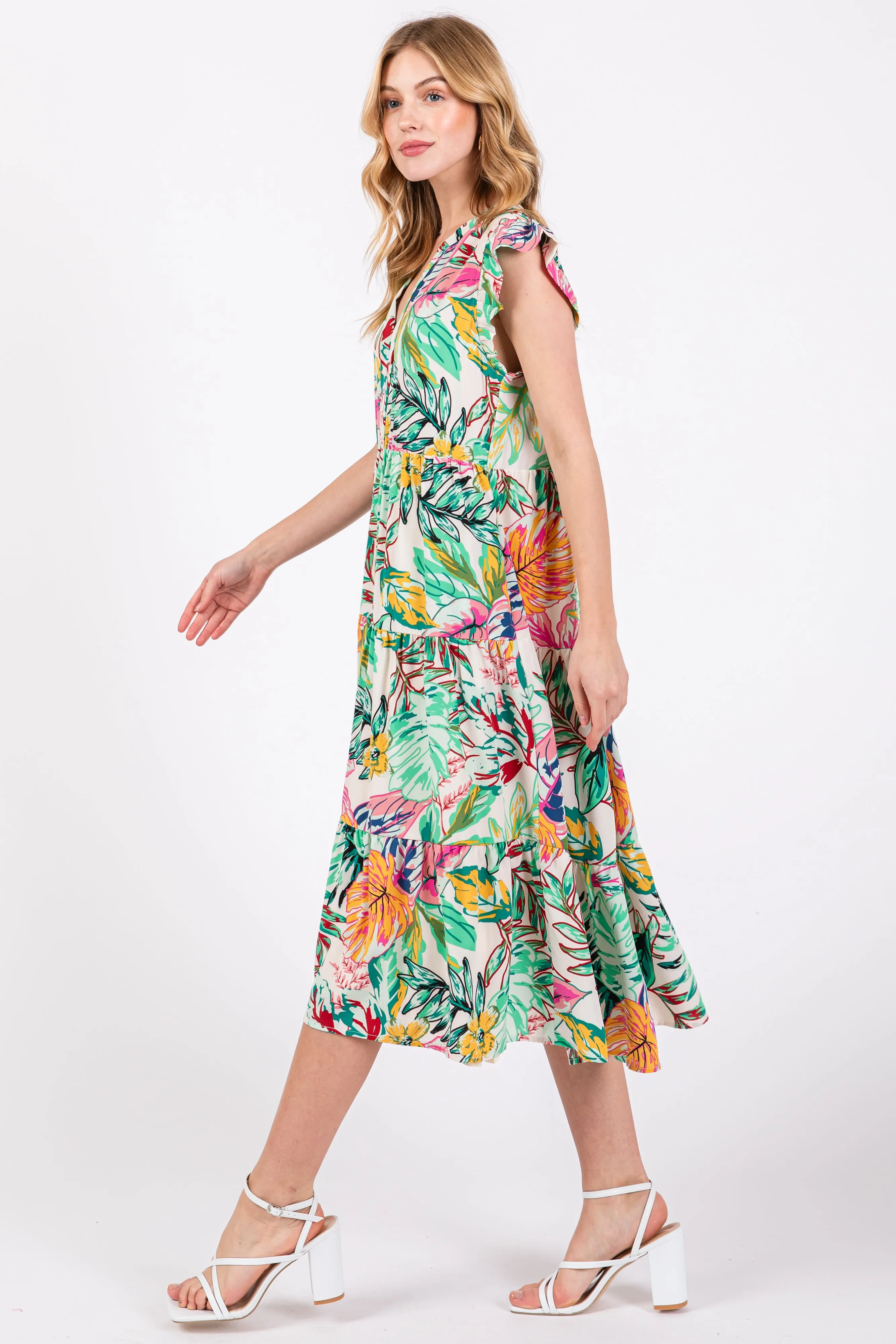 Green Floral Flutter Sleeve Tiered Midi Dress sold by Pinkblush product image thumbnail 2