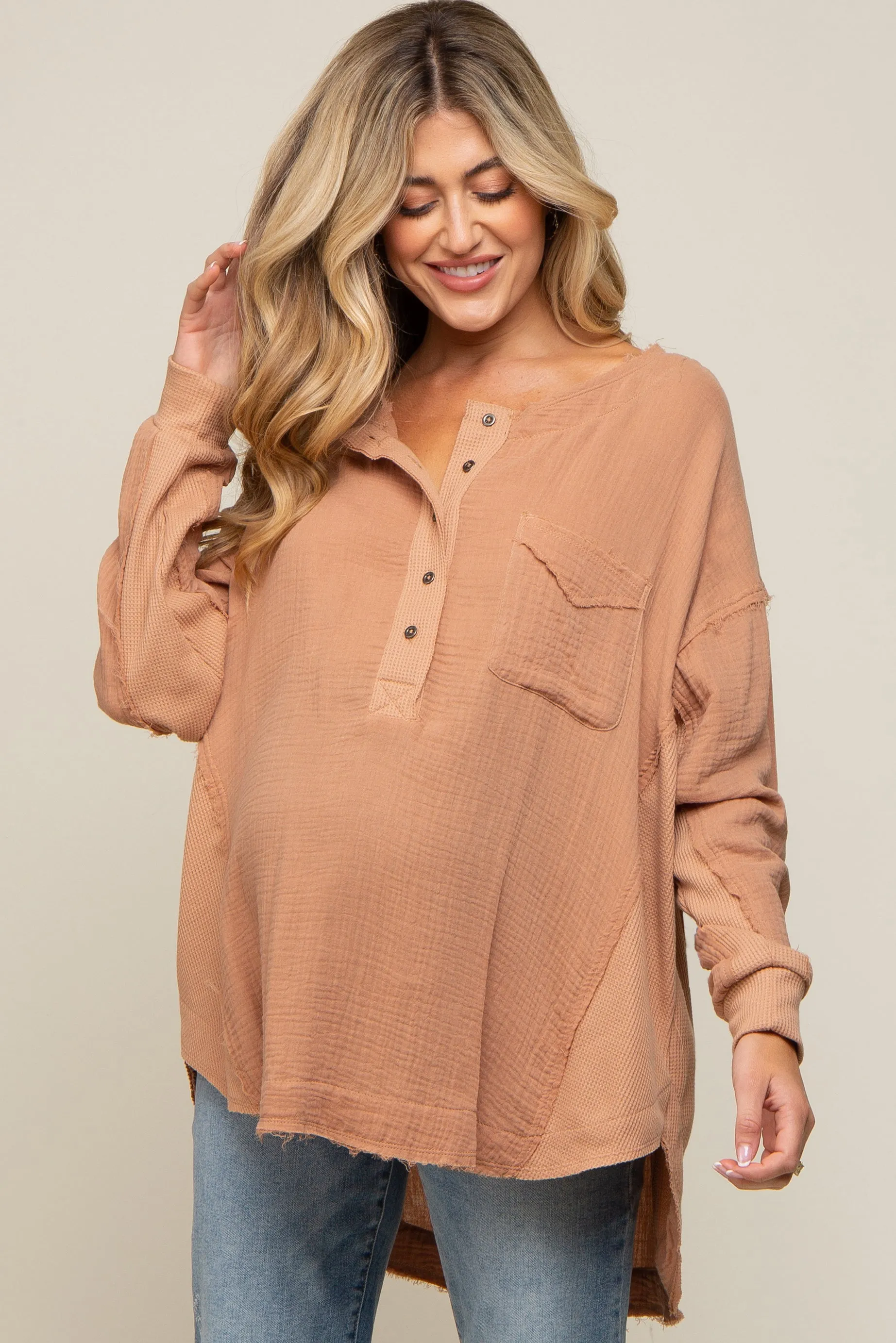 Mocha Lightweight Button Front Maternity Tunic sold by Pinkblush