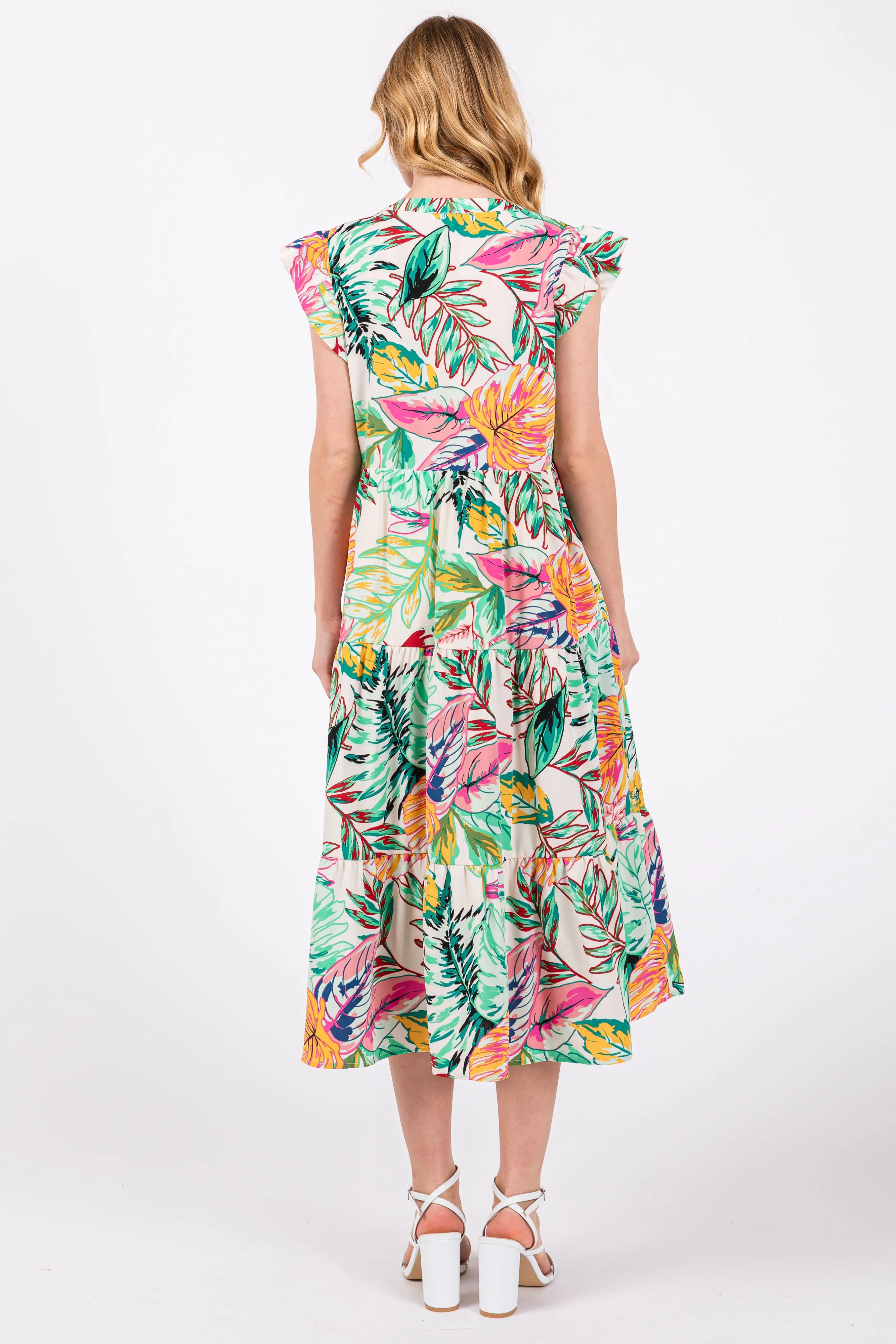 Green Floral Flutter Sleeve Tiered Midi Dress sold by Pinkblush product image thumbnail 3