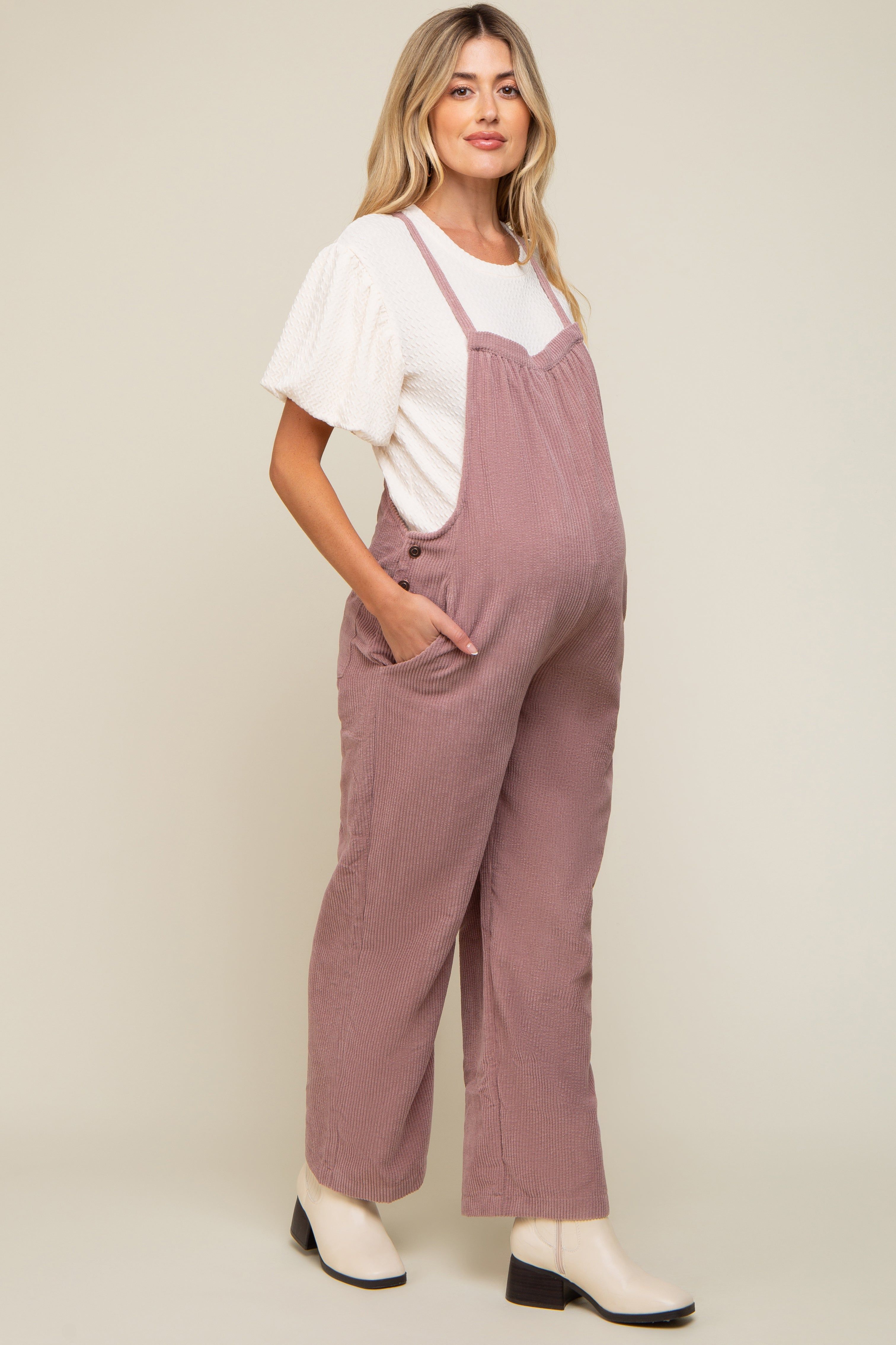 Mauve Corduroy Wide Leg Maternity Overalls sold by Pinkblush product image thumbnail 3