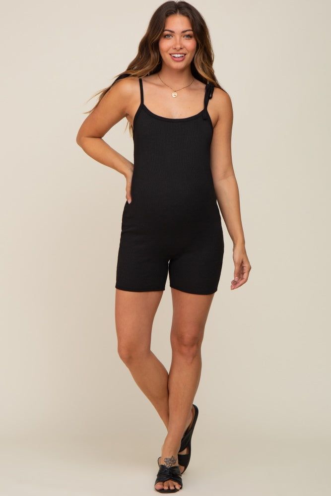 Black Ribbed Shoulder Tie Scoop Back Maternity Romper sold by Pinkblush product image thumbnail 4