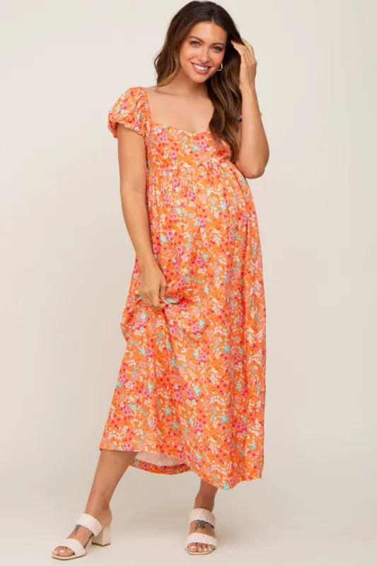Orange Floral Back Cutout Maternity Midi Dress sold by Pinkblush