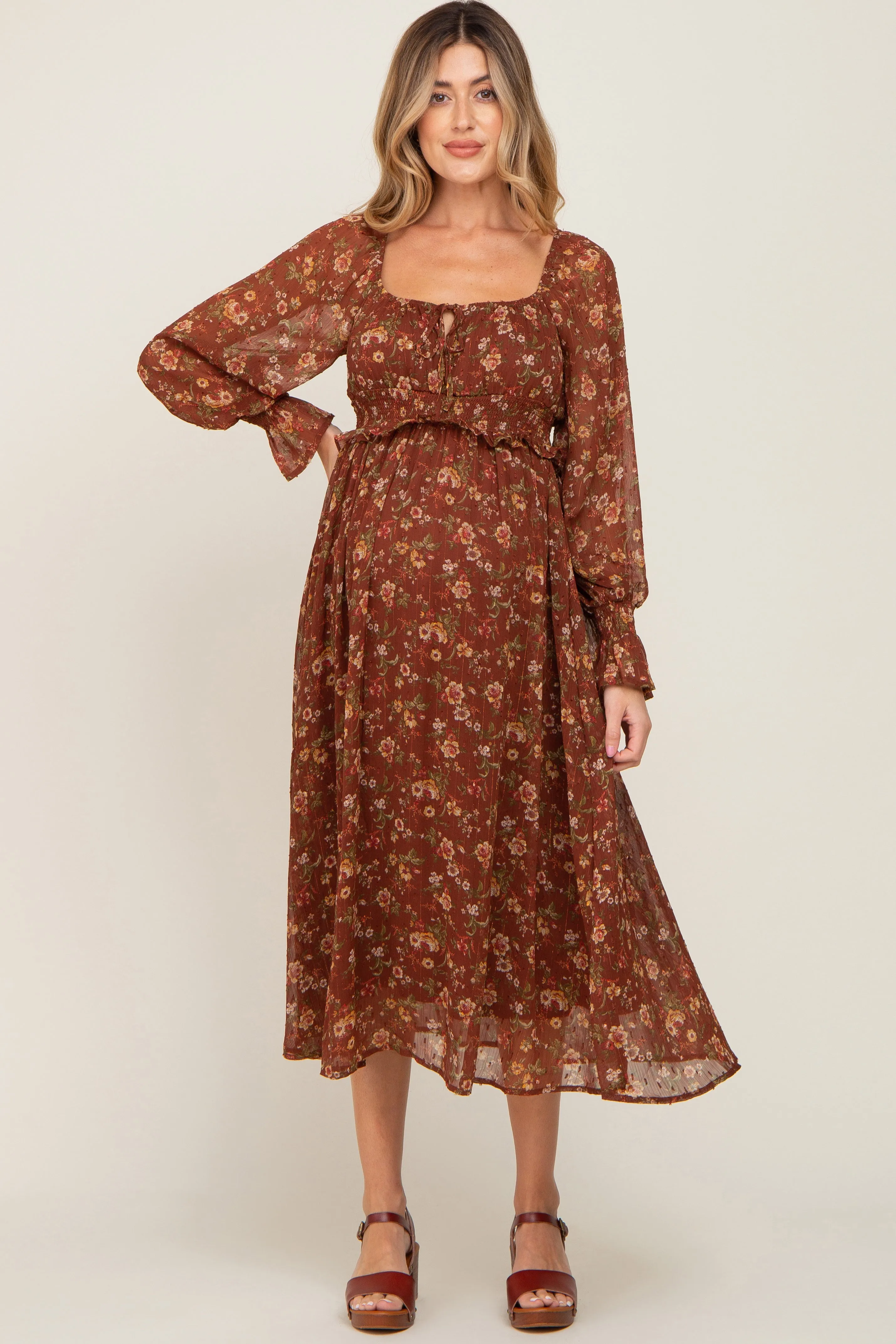Brown Floral Chiffon Smocked Waist Maternity Midi Dress sold by Pinkblush