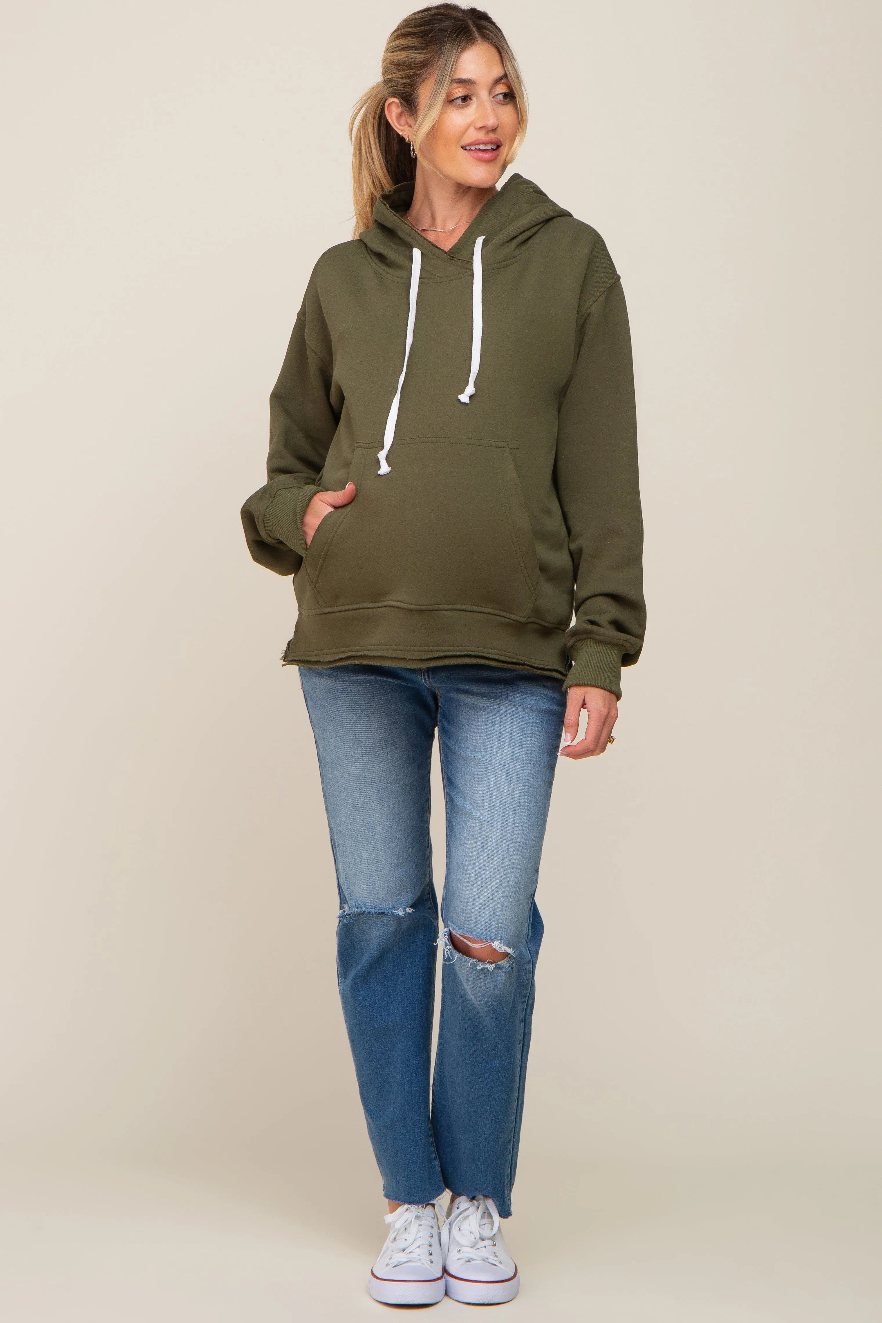 Olive Raw Edge Trim Maternity Drawstring Hoodie sold by Pinkblush product image thumbnail 4