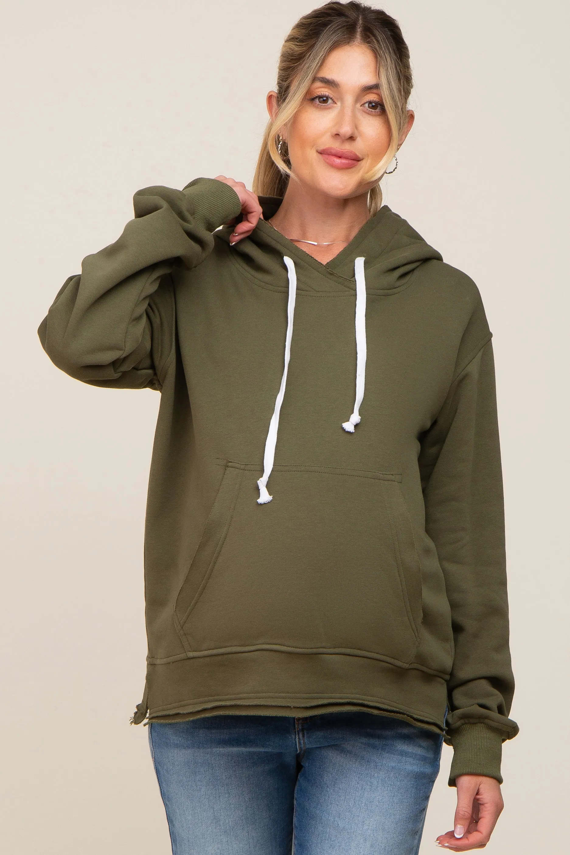 Olive Raw Edge Trim Maternity Drawstring Hoodie sold by Pinkblush