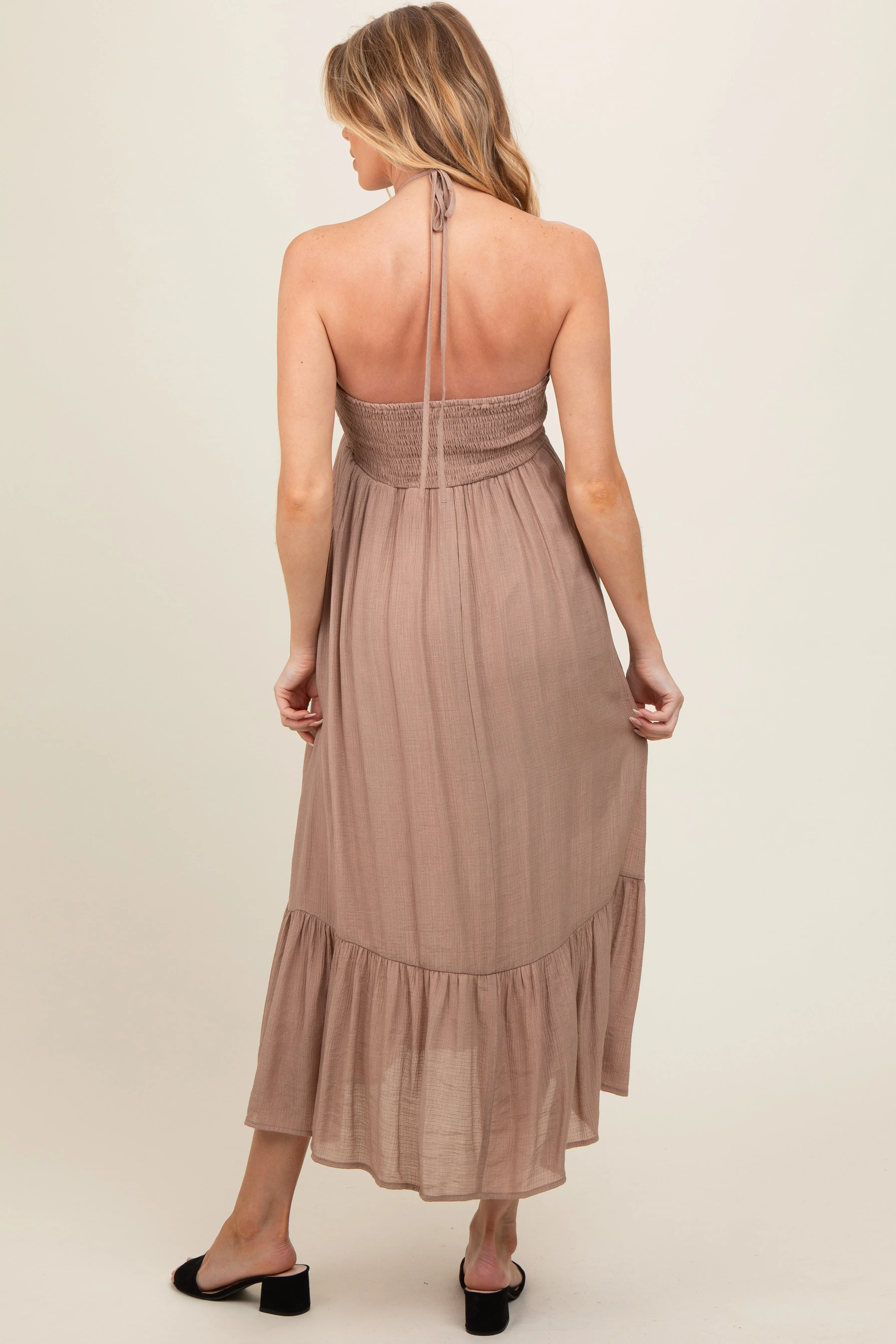 Taupe V-Front Halter Maternity Midi Dress sold by Pinkblush product image thumbnail 4