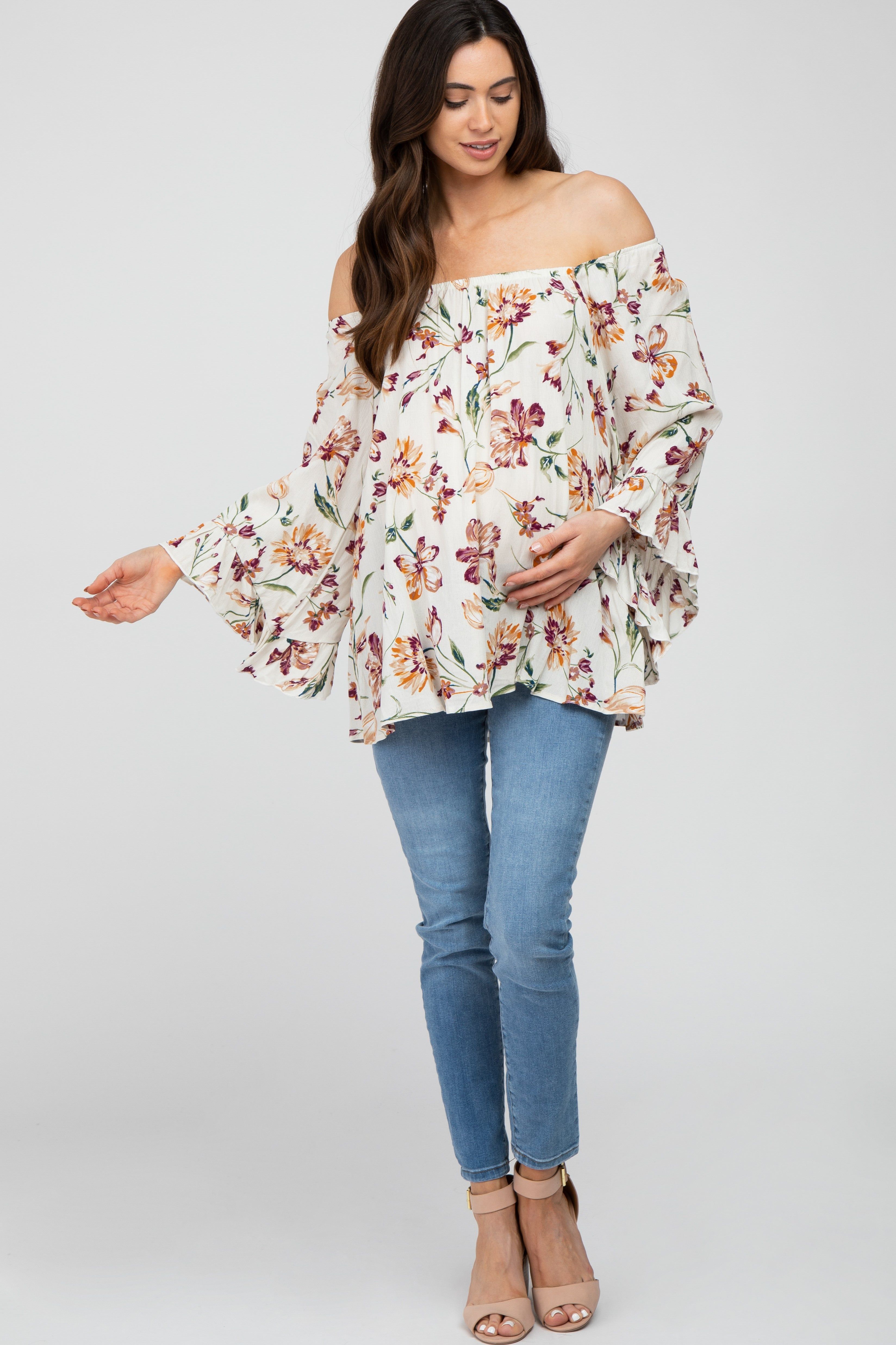 Ivory Floral Square Neck Ruffle Sleeve Maternity Top sold by Pinkblush product image thumbnail 2