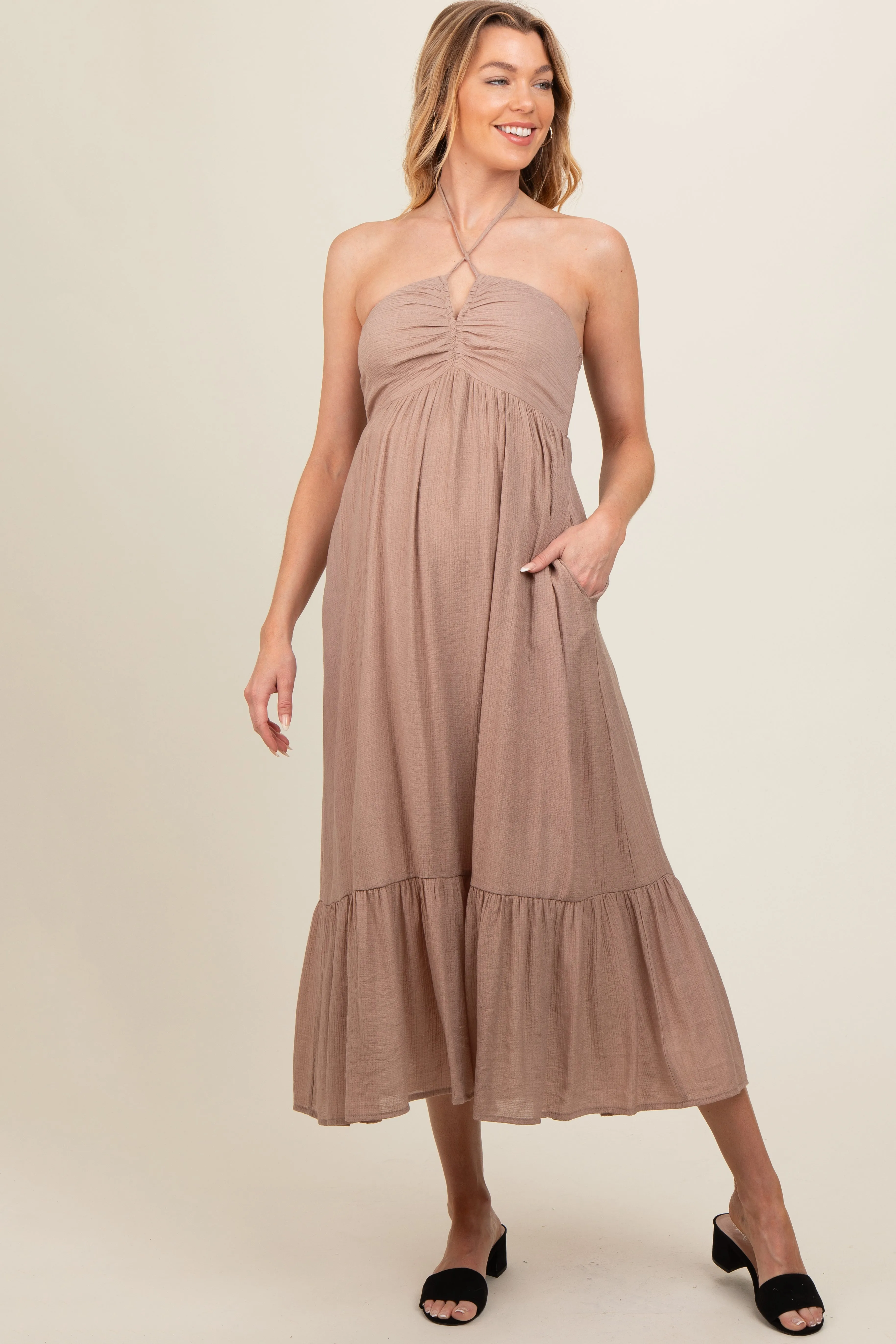 Taupe V-Front Halter Maternity Midi Dress sold by Pinkblush