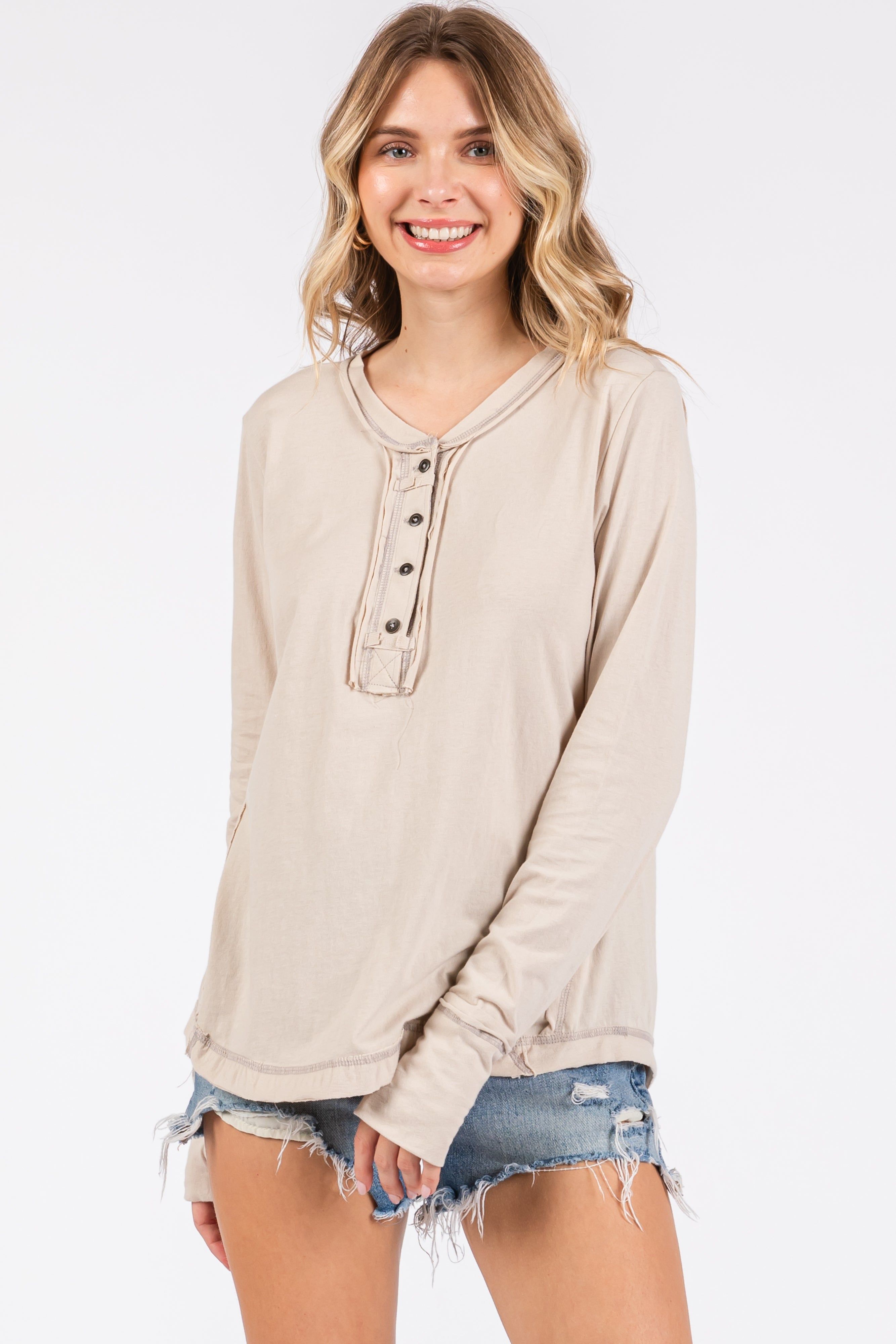 Beige Long Sleeve Exposed Seam Maternity Top sold by Pinkblush product image thumbnail 4