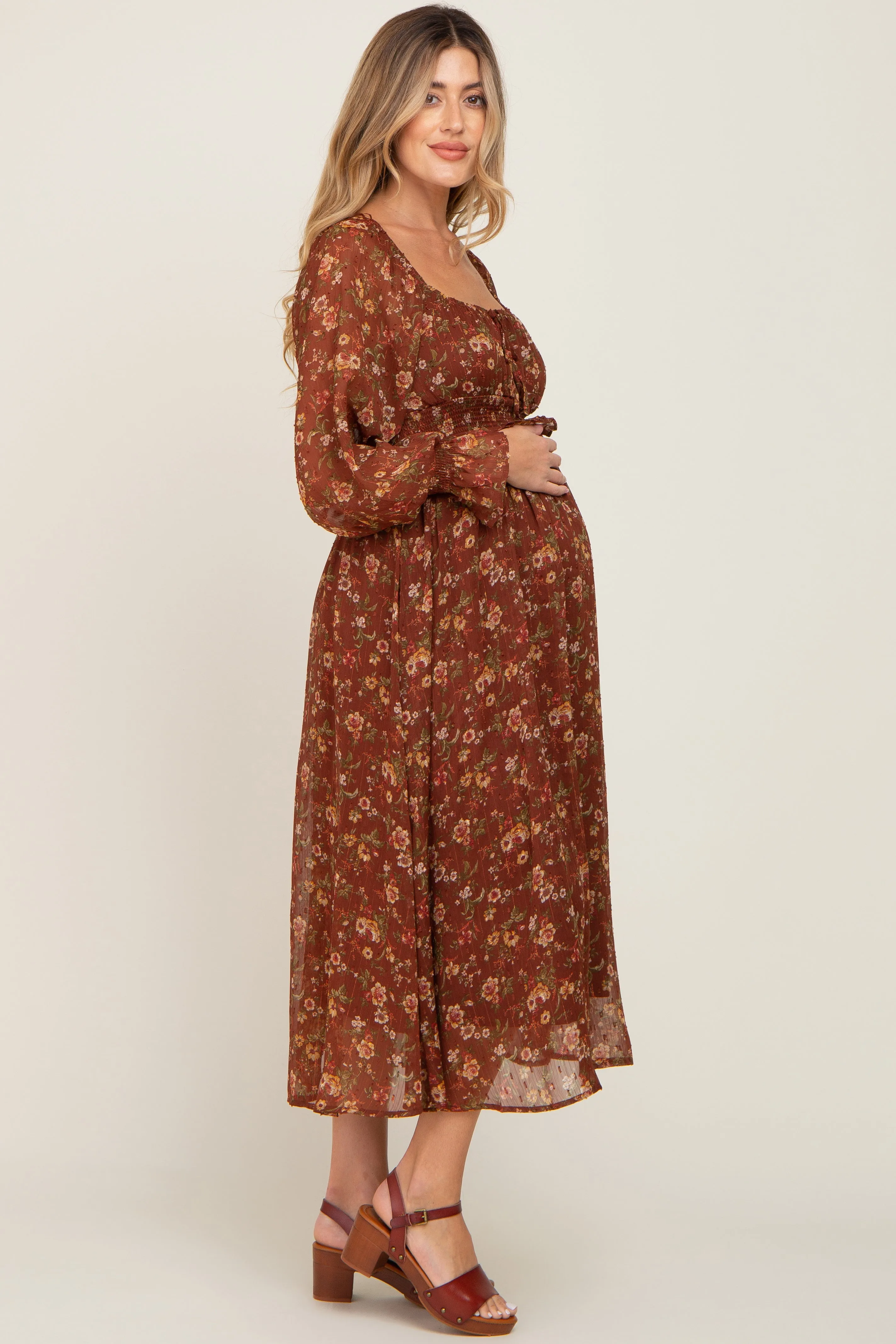 Brown Floral Chiffon Smocked Waist Maternity Midi Dress sold by Pinkblush product image thumbnail 2