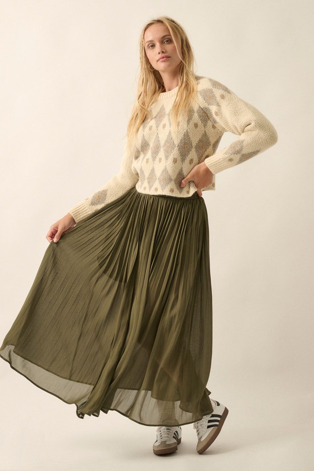 Muted Green Solid Pleated Chiffon Maxi Skirt sold by Pinkblush