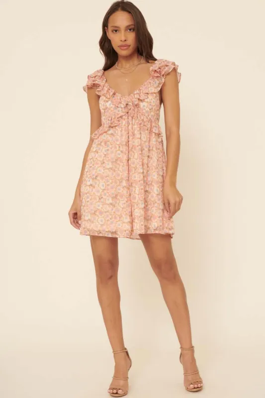 Peach Floral Wide Deep V Ruffle Flounce Mini Dress sold by Pinkblush