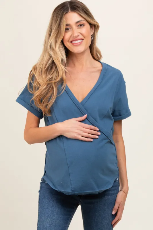 Blue Wrap Short Sleeve Raw Hem Maternity Top sold by Pinkblush